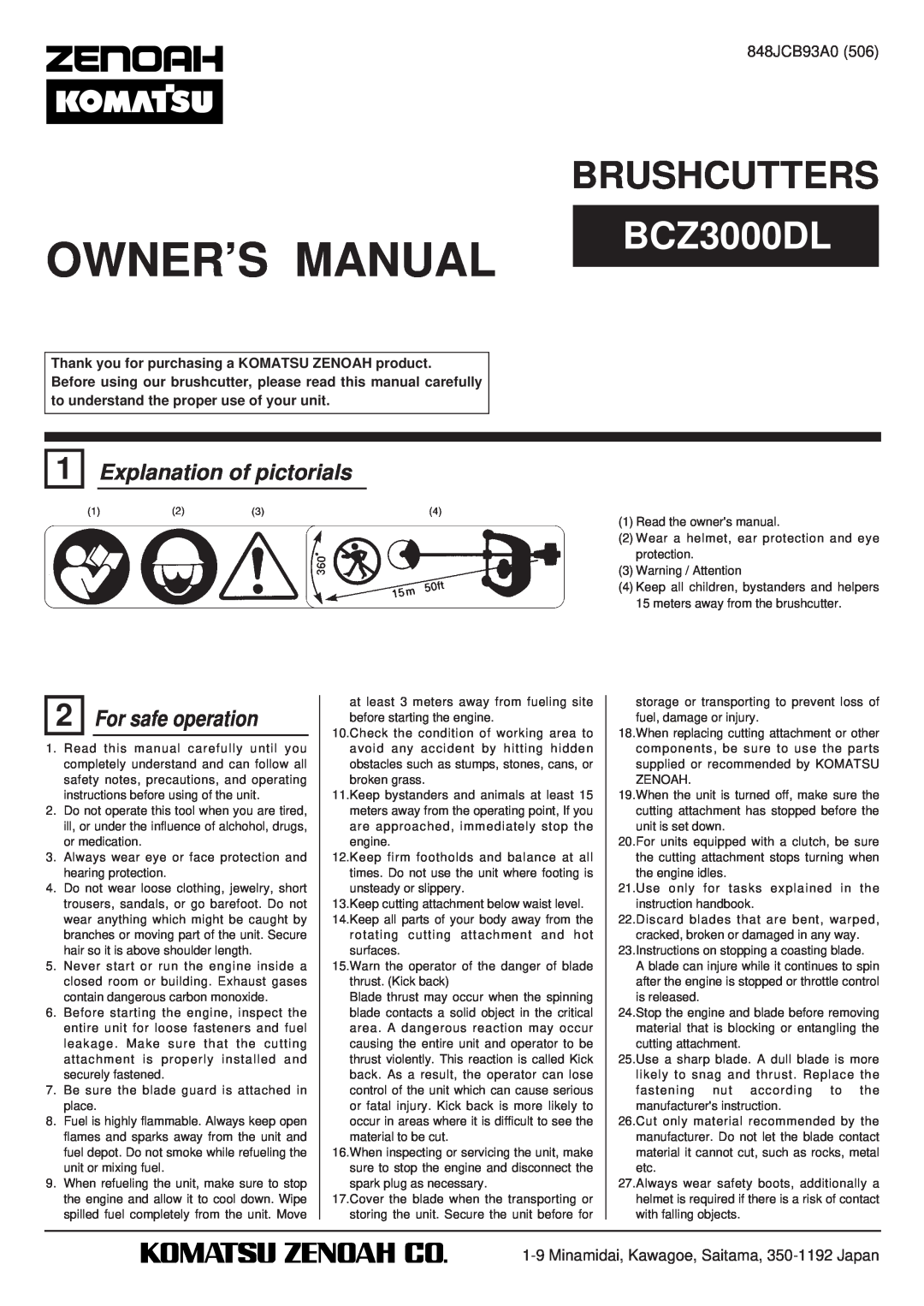 Zenoah BCZ3000DL owner manual Explanation of pictorials, For safe operation, Brushcutters, 848JCB93A0 
