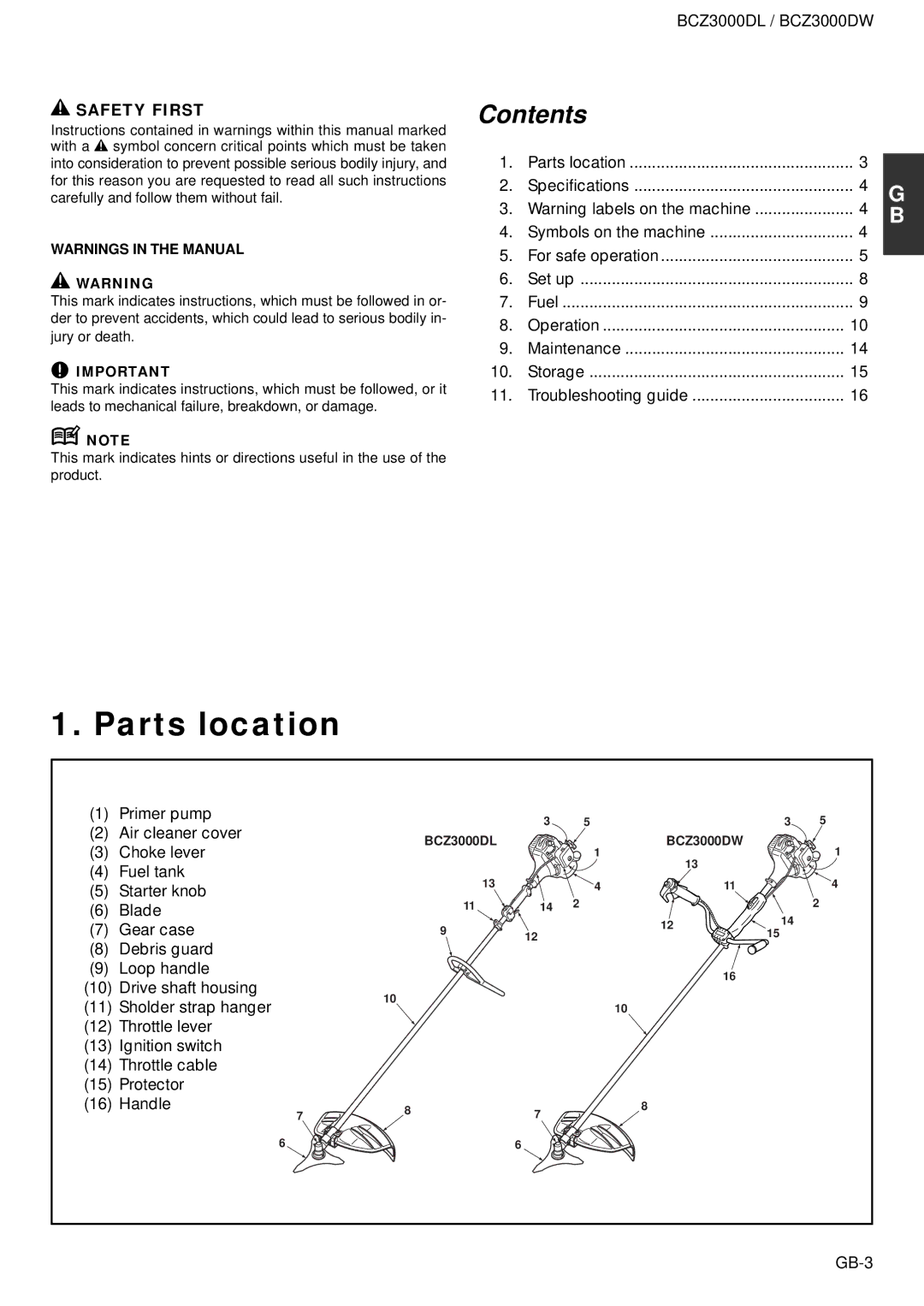 Zenoah BCZ3000DW owner manual Parts location, Contents 