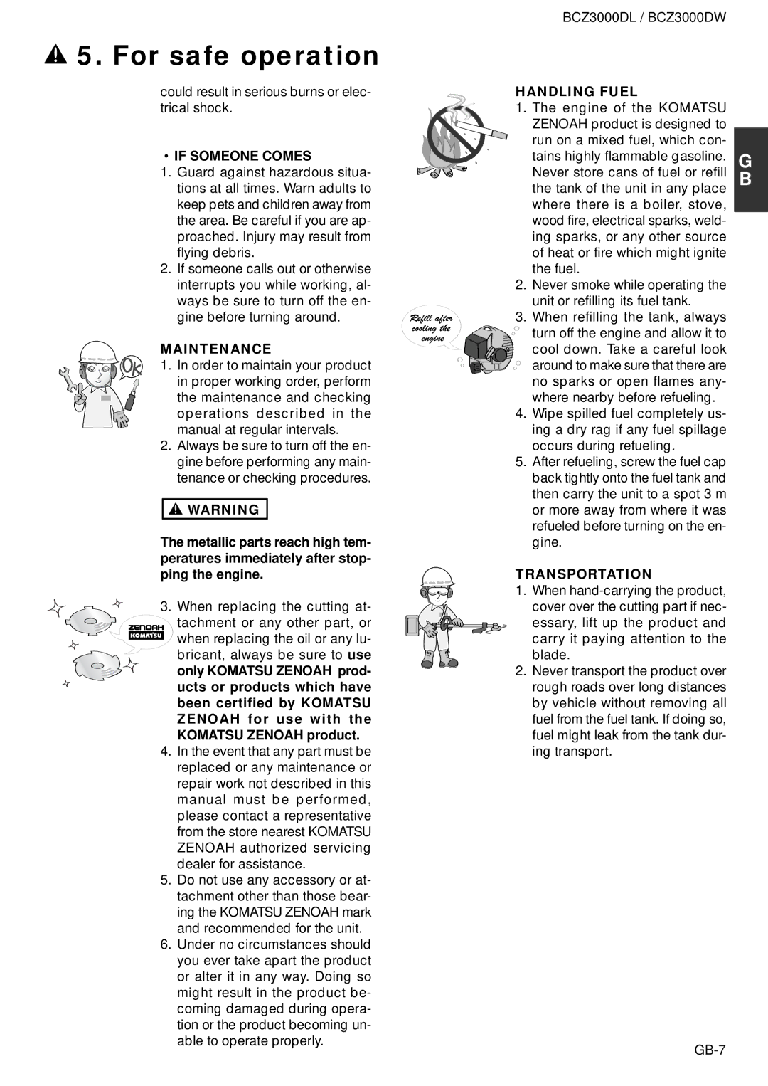 Zenoah BCZ3000DW owner manual If Someone Comes, Maintenance, Handling Fuel, Transportation 