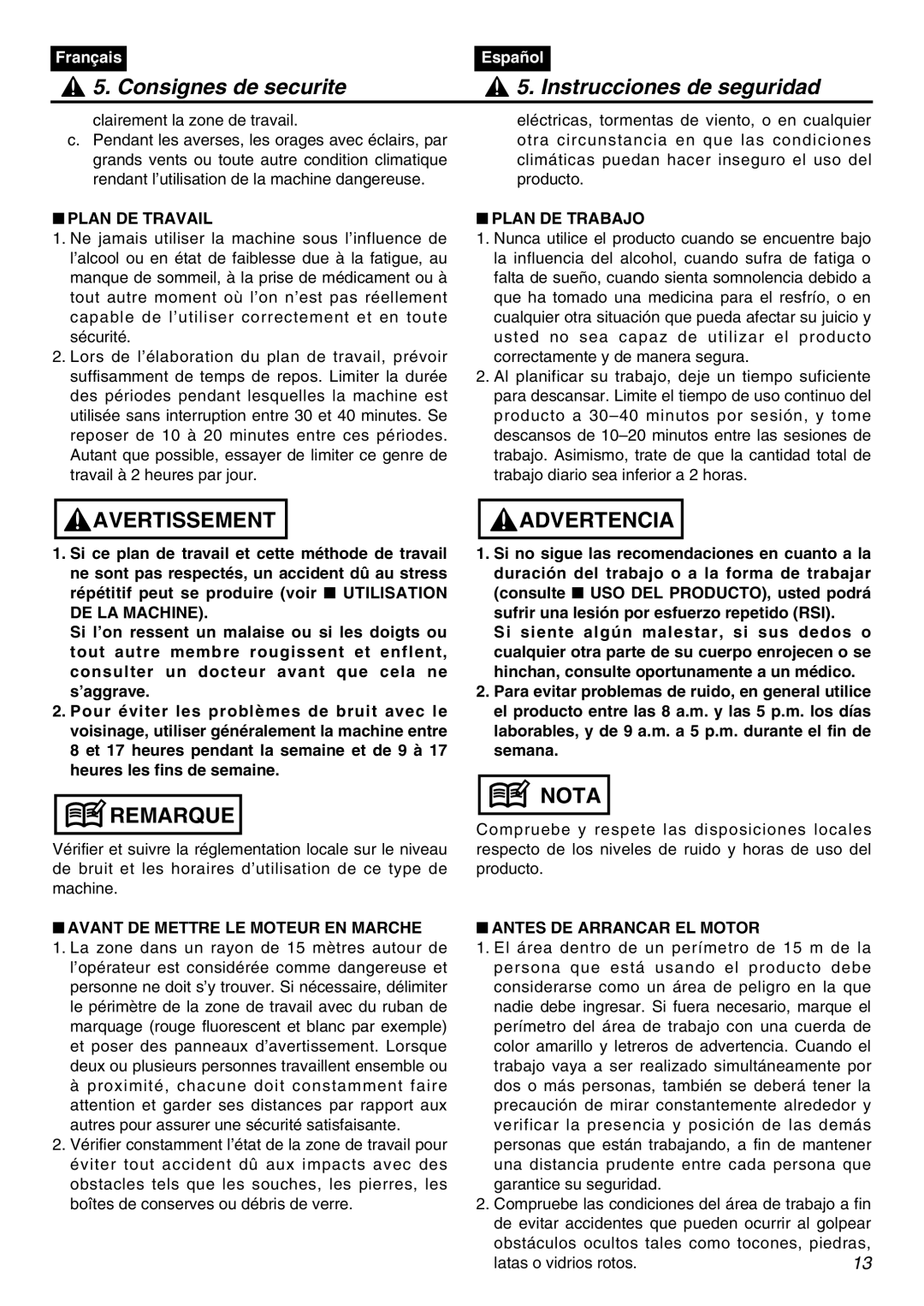 Zenoah BCZ3001S manual Plan DE Travail, Plan DE Trabajo, DE LA Machine, Avant DE Mettre LE Moteur EN Marche 