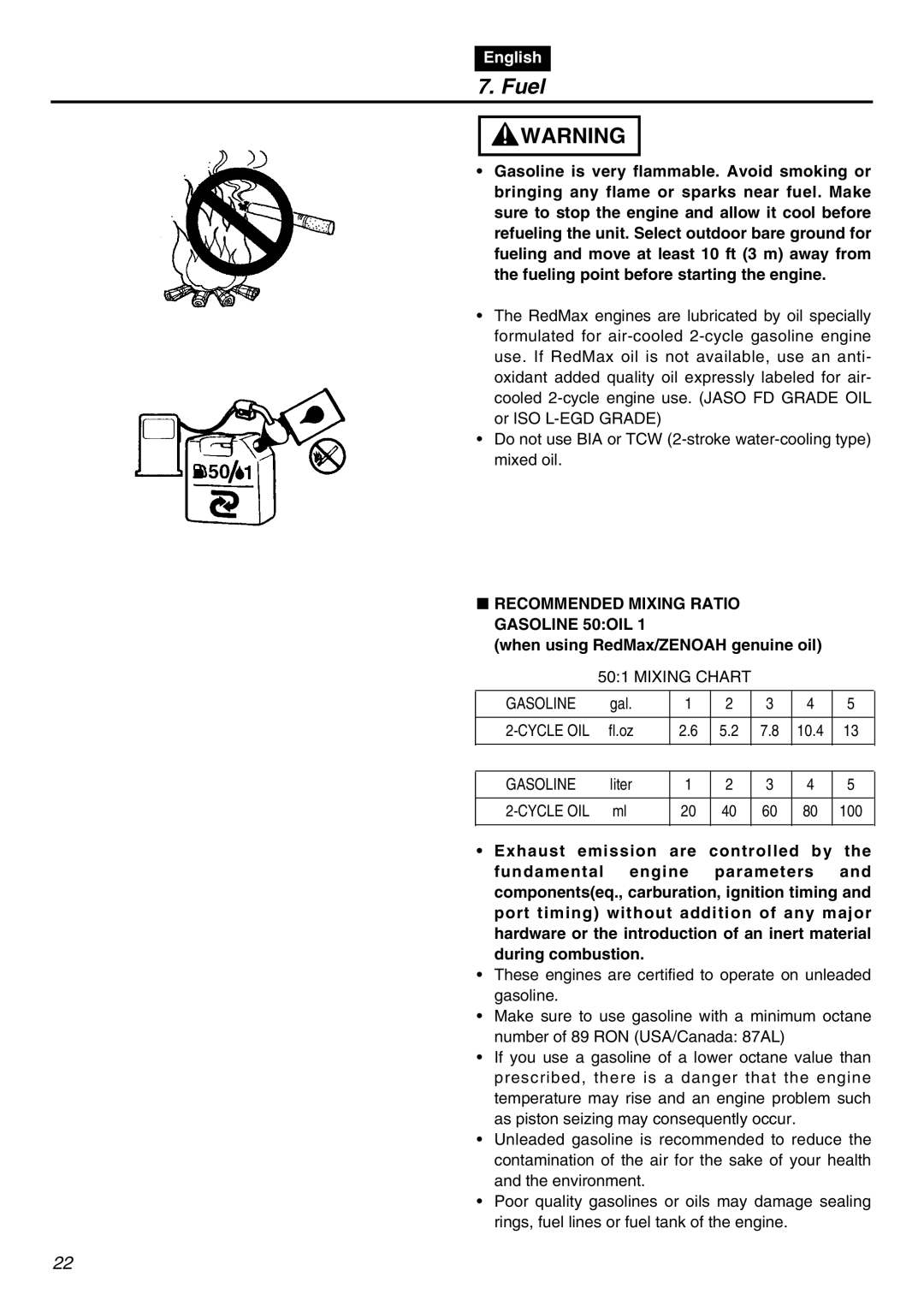 Zenoah BCZ3001S manual Fuel, Recommended Mixing Ratio Gasoline 50OIL, When using RedMax/ZENOAH genuine oil 