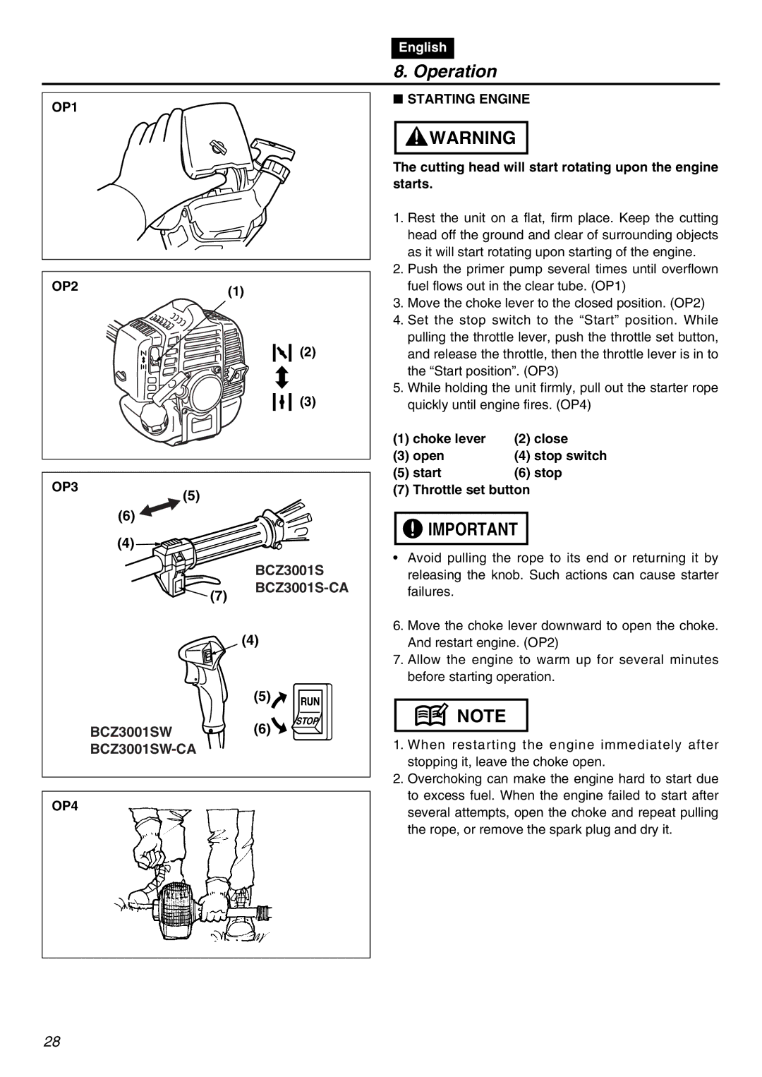 Zenoah BCZ3001S Operation, OP1 OP2 Starting Engine, Cutting head will start rotating upon the engine starts, OP3, OP4 