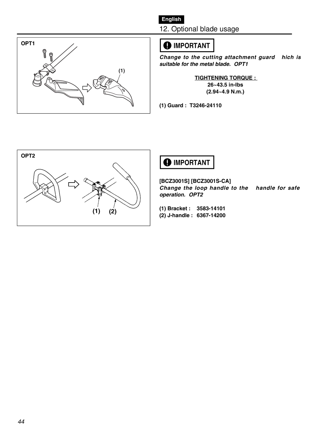 Zenoah BCZ3001S manual Optional blade usage, OPT1 OPT2, Bracket Handle 