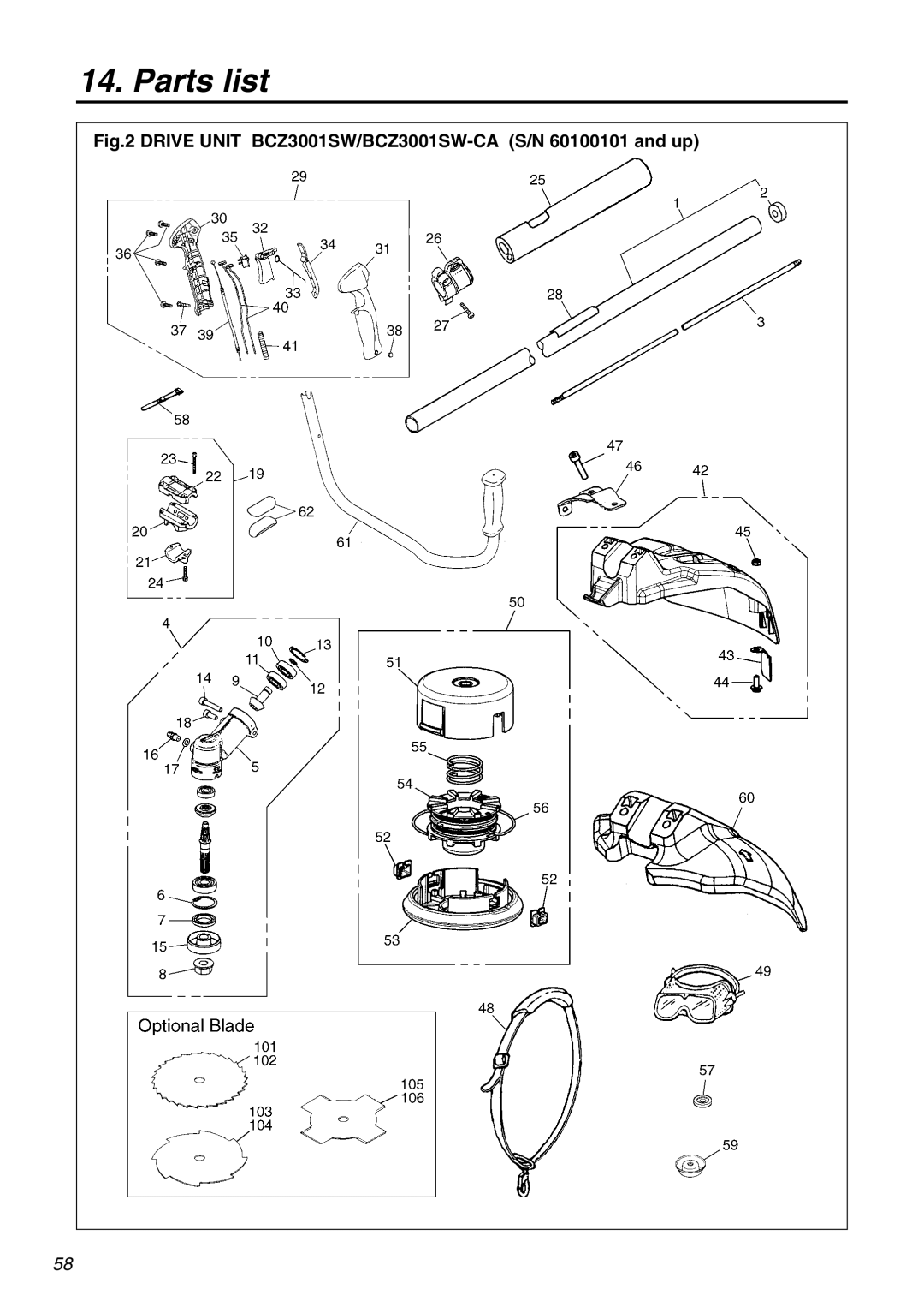 Zenoah manual Drive Unit BCZ3001SW/BCZ3001SW-CA S/N 60100101 and up 