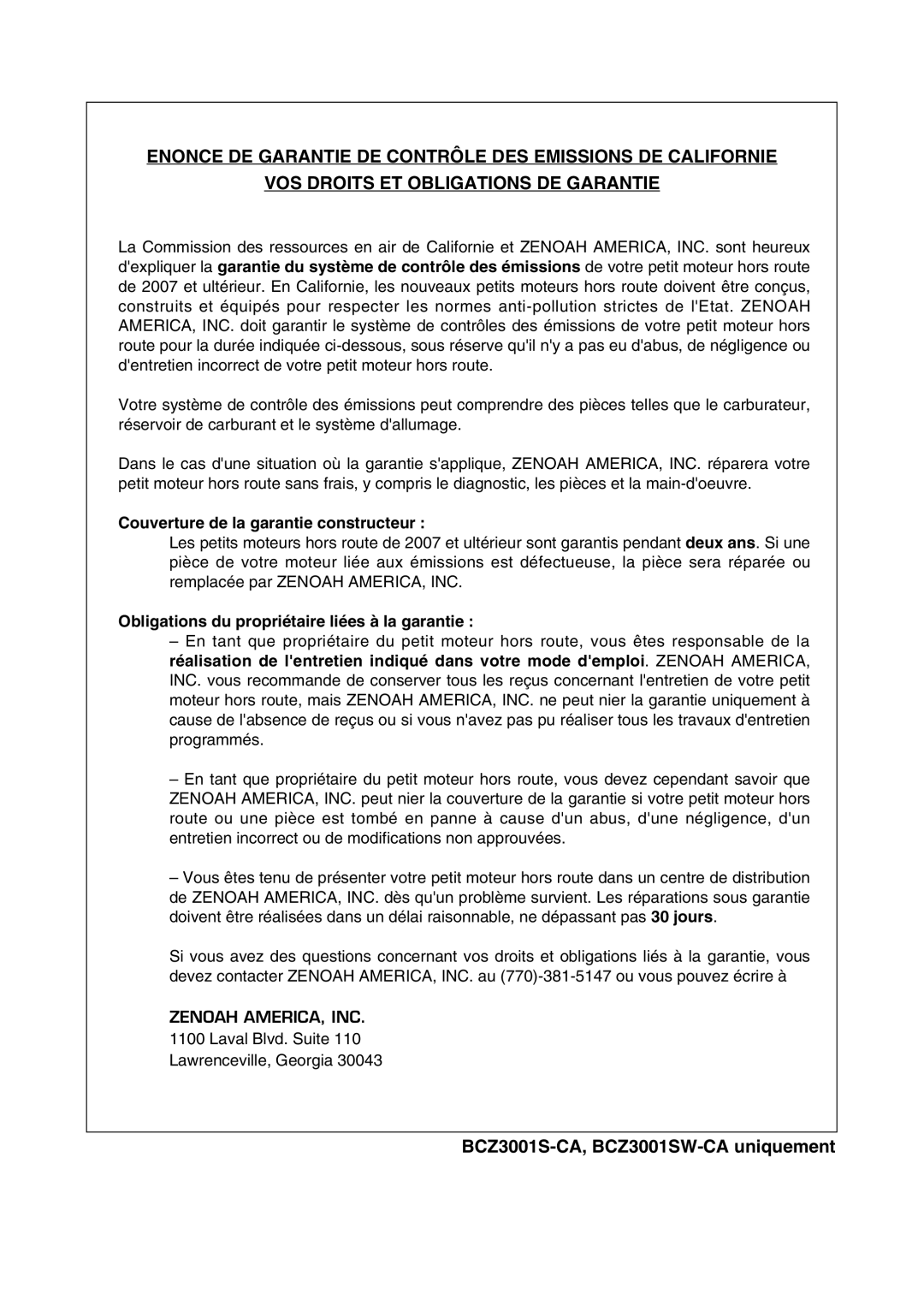 Zenoah BCZ3001S manual Couverture de la garantie constructeur, Obligations du propriétaire liées à la garantie 