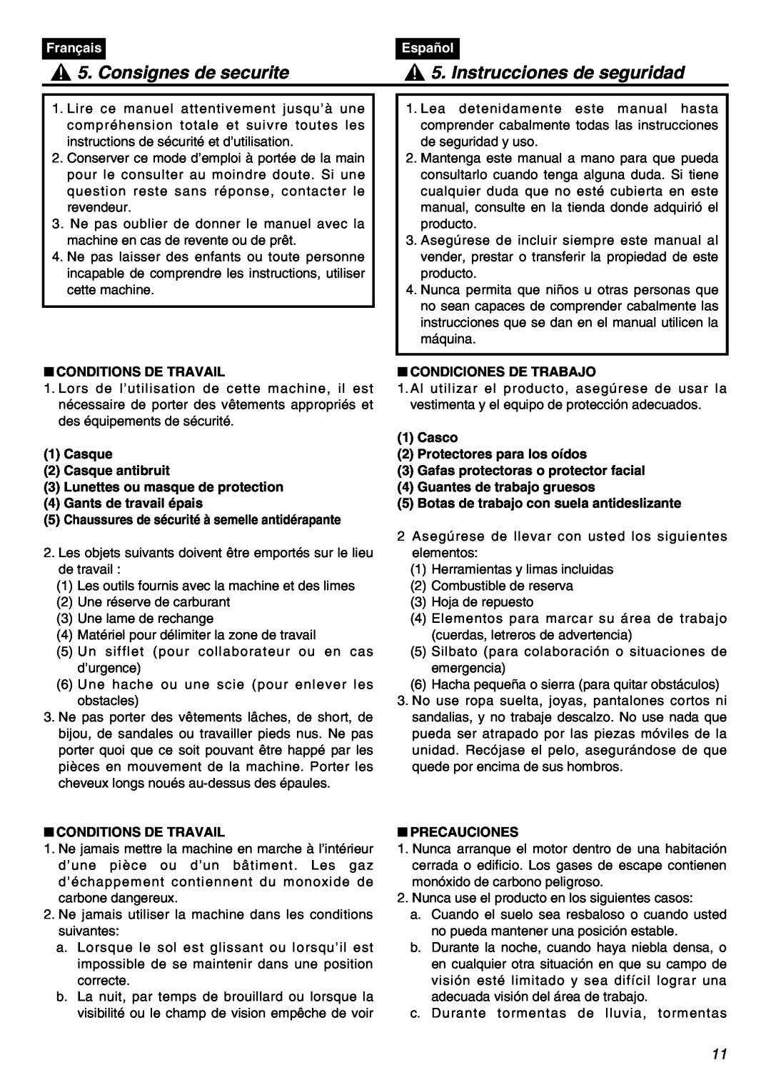 Zenoah BCZ3001S manual Consignes de securite, Instrucciones de seguridad, Français, Español 