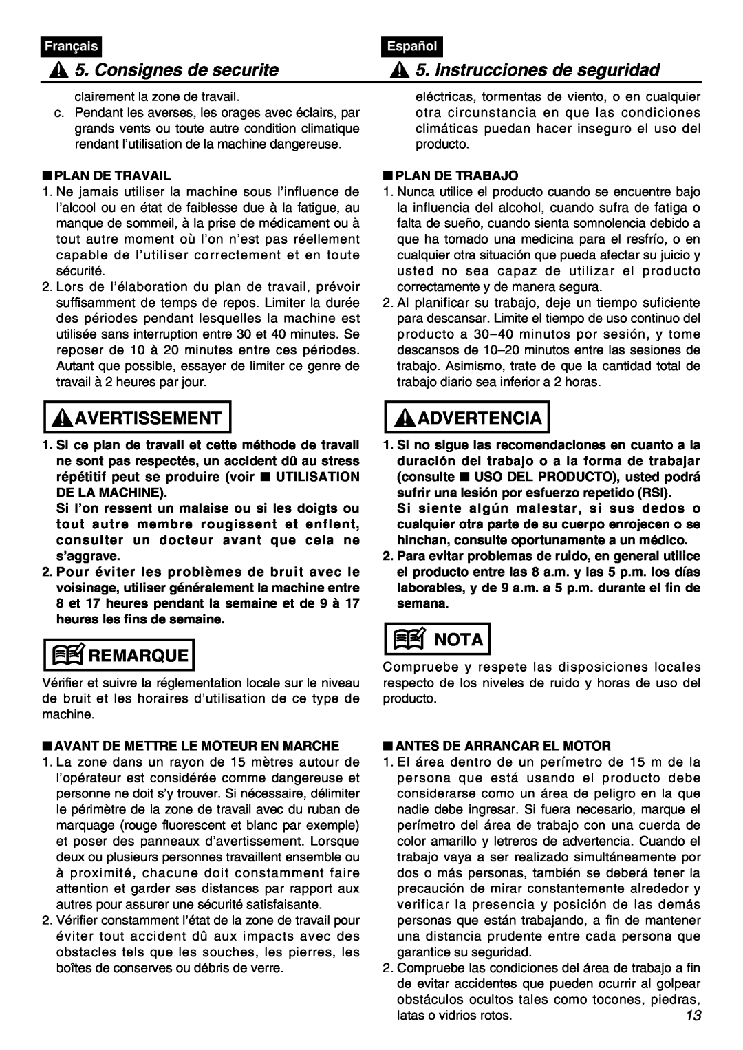 Zenoah BCZ3001S Consignes de securite, Instrucciones de seguridad, Avertissement, Remarque, Advertencia, Nota, Français 