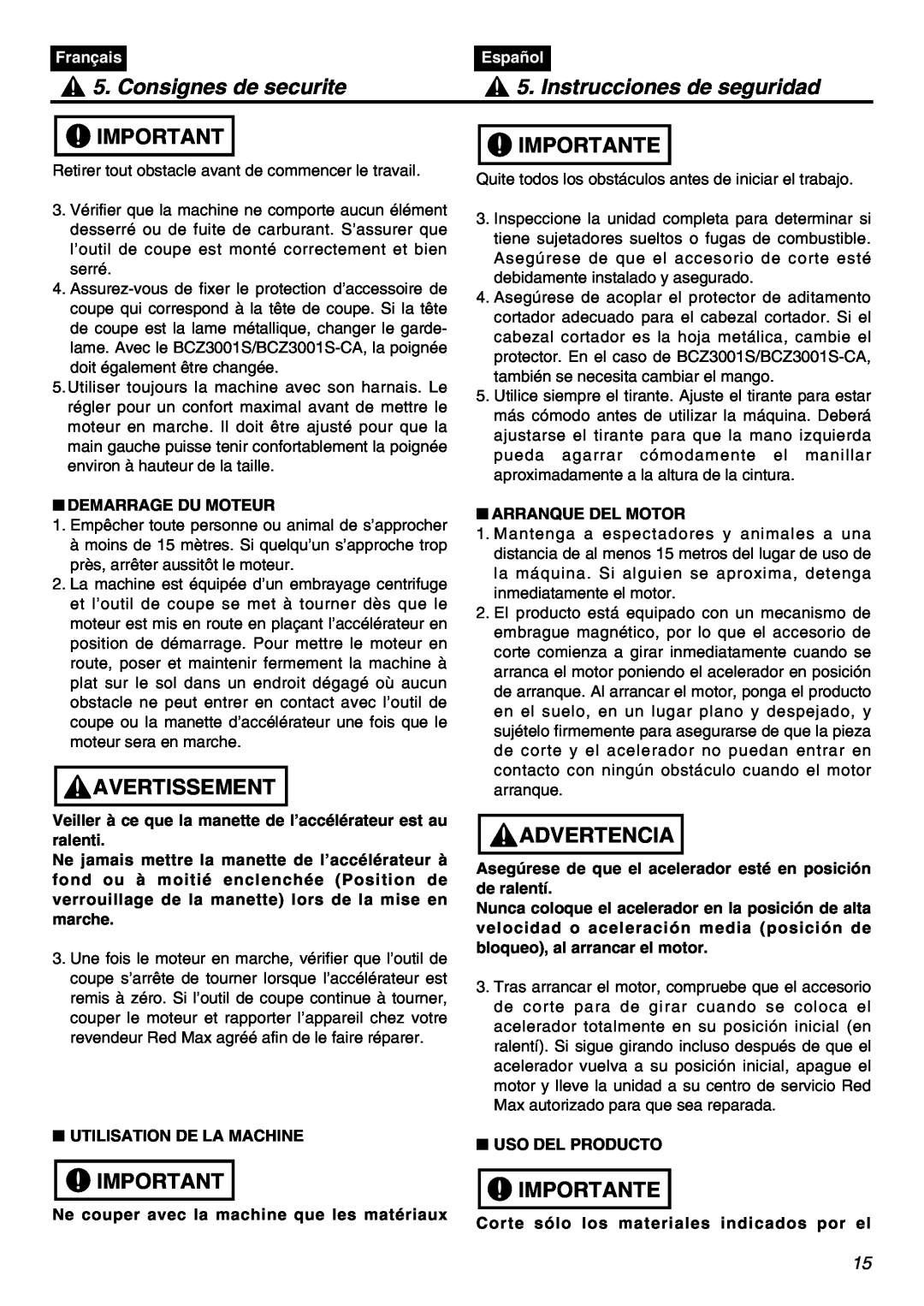 Zenoah BCZ3001S manual Consignes de securite, Instrucciones de seguridad, Avertissement, Importante, Advertencia, Français 
