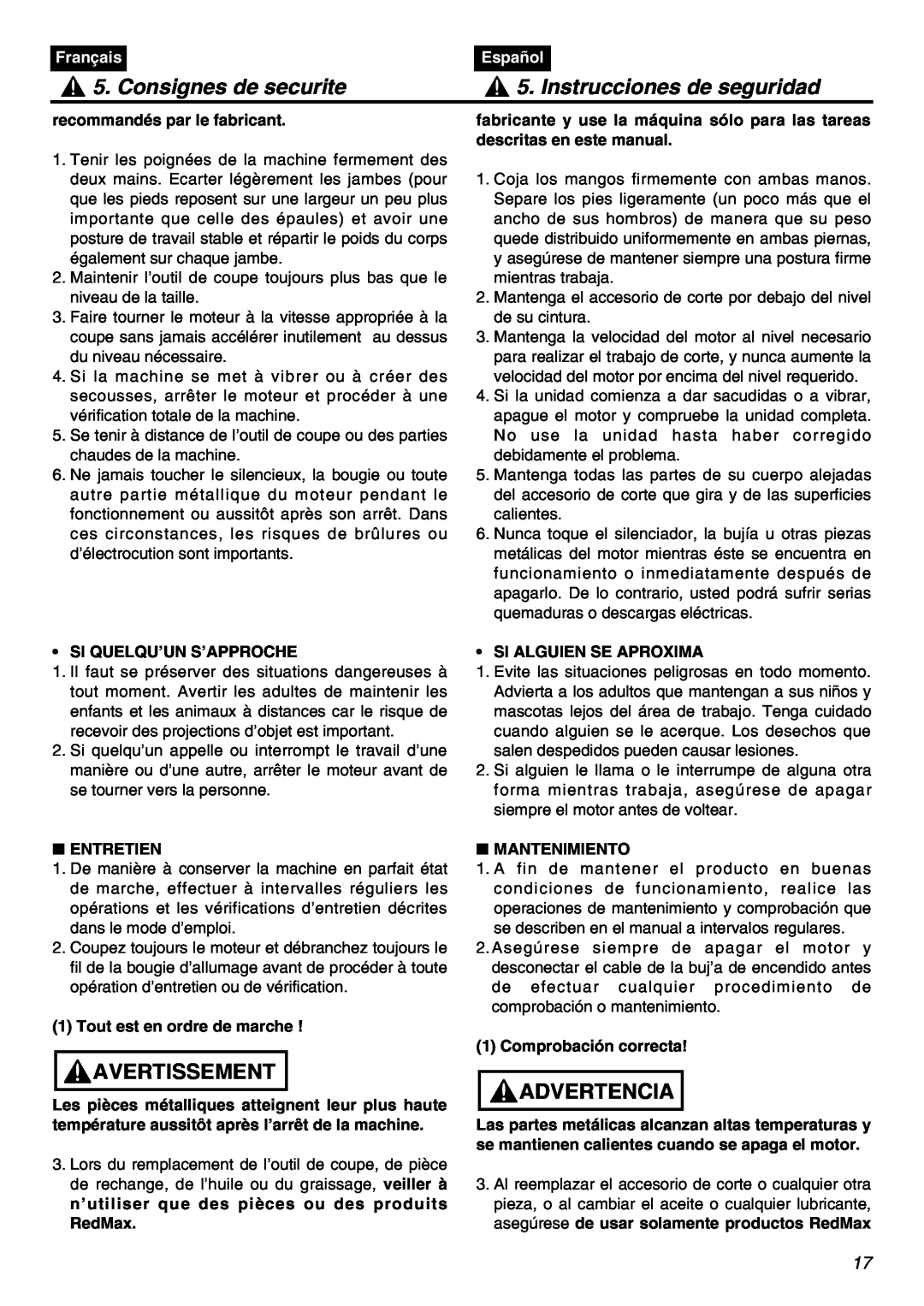 Zenoah BCZ3001S manual Consignes de securite, Instrucciones de seguridad, Avertissement, Advertencia, Français, Español 