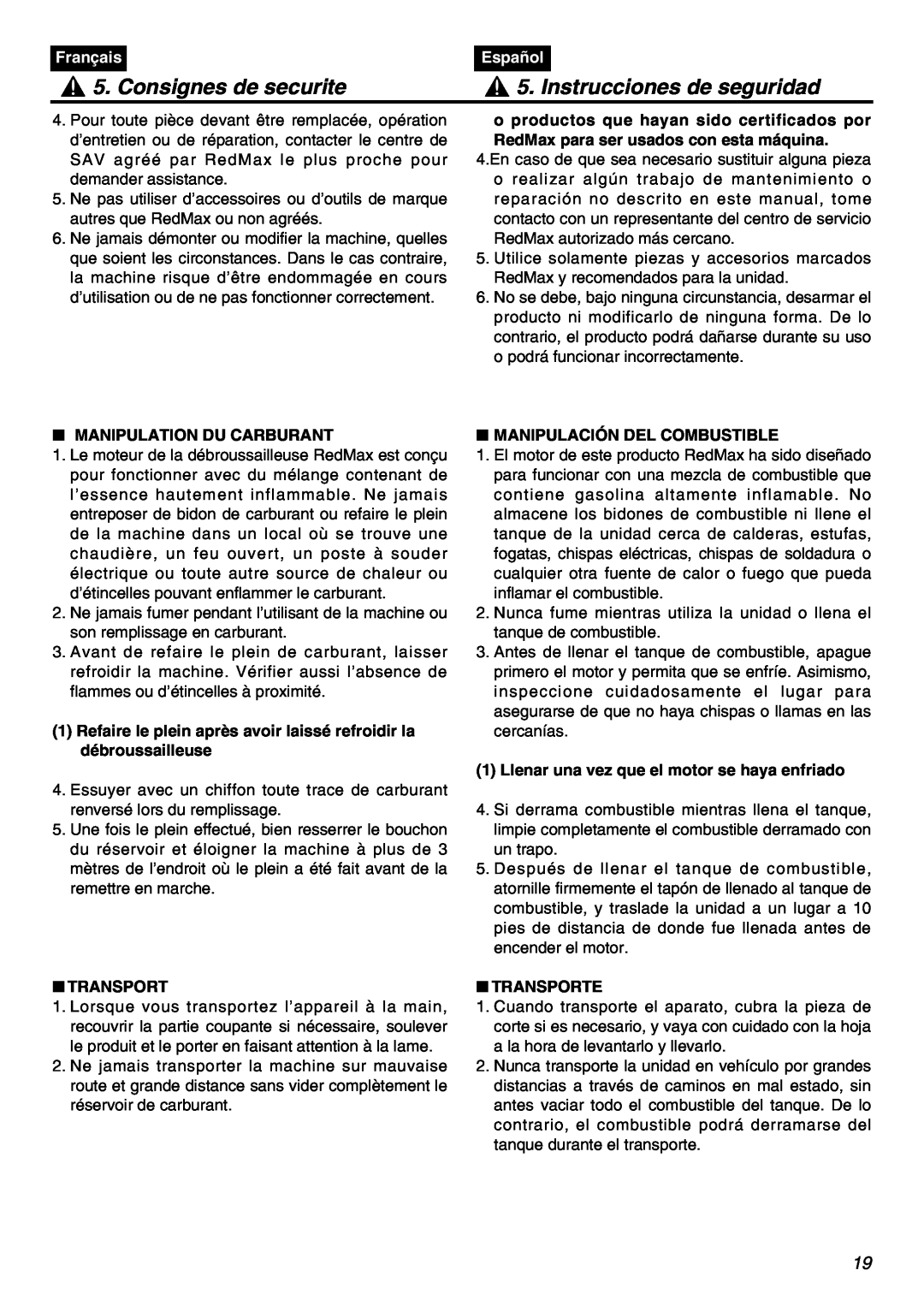 Zenoah BCZ3001S Consignes de securite, Instrucciones de seguridad, Français, Español, Manipulation Du Carburant, Transport 