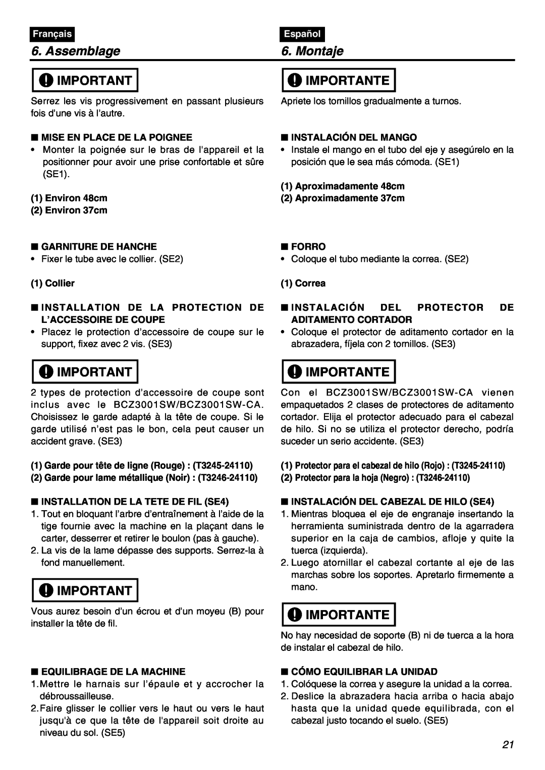 Zenoah BCZ3001S manual Assemblage, Montaje, Importante, Français, Español 