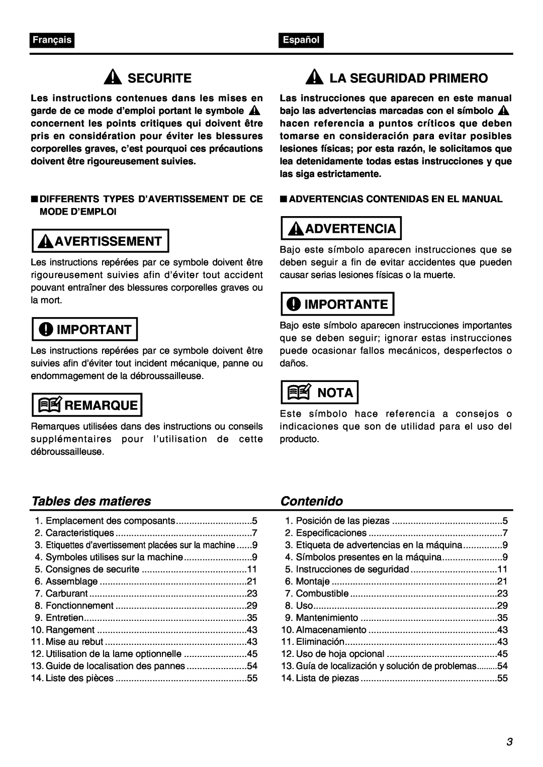 Zenoah BCZ3001S manual Securite, Avertissement, Remarque, Advertencia, Importante, Nota, Tables des matieres, Contenido 