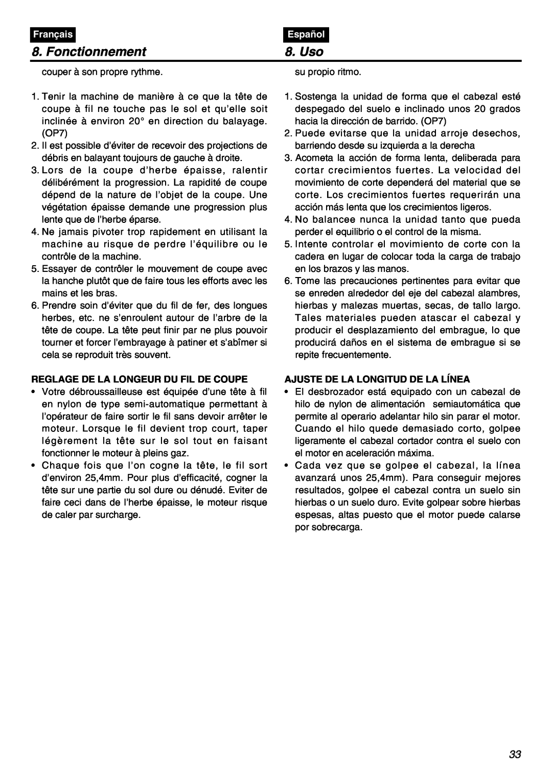 Zenoah BCZ3001S manual Fonctionnement, Uso, Français, Español, Reglage De La Longeur Du Fil De Coupe 
