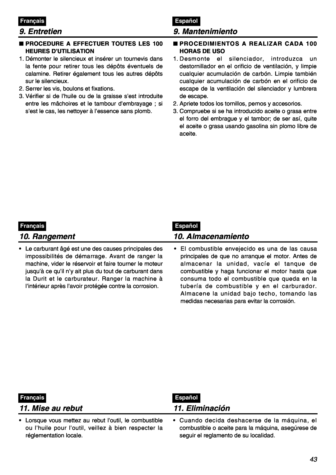 Zenoah BCZ3001S manual Entretien, Mantenimiento, Rangement, Almacenamiento, Mise au rebut, Eliminación, Français, Español 
