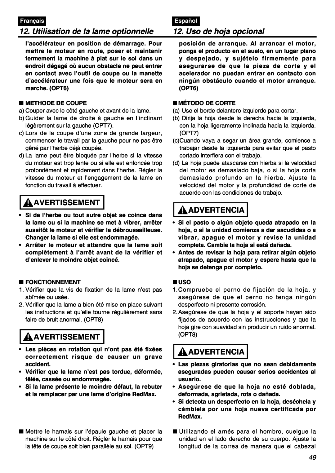 Zenoah BCZ3001S Utilisation de la lame optionnelle, Uso de hoja opcional, Avertissement, Advertencia, Français, Español 
