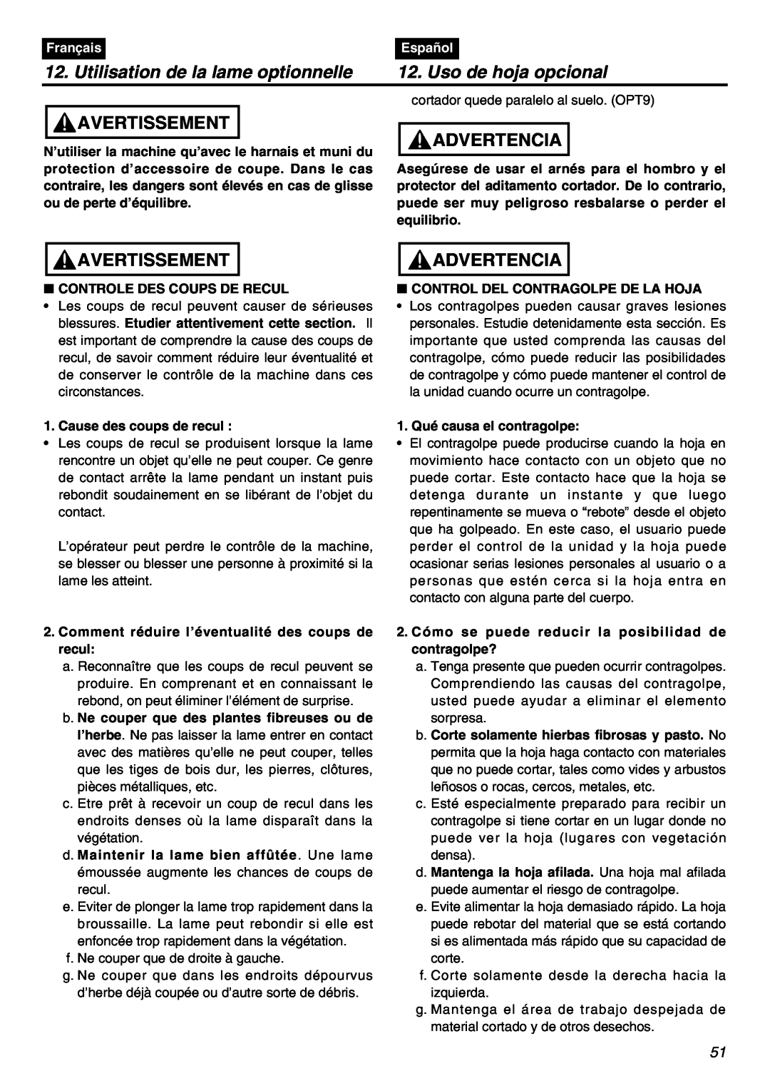 Zenoah BCZ3001S Utilisation de la lame optionnelle, Uso de hoja opcional, Avertissement, Advertencia, Français, Español 