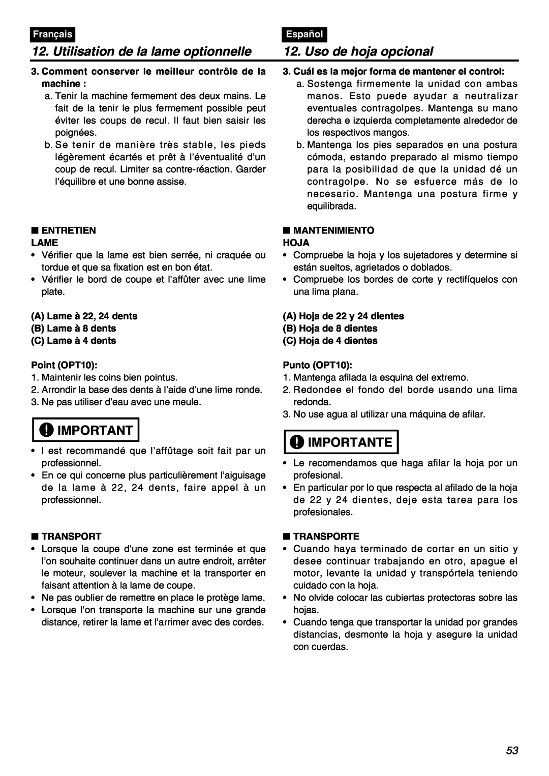 Zenoah BCZ3001S manual Utilisation de la lame optionnelle, Uso de hoja opcional, Importante, Français, Español 