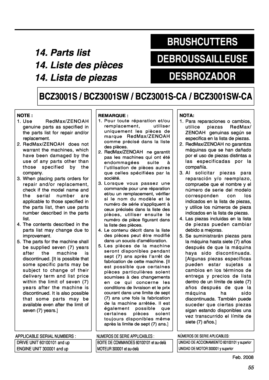 Zenoah BCZ3001S manual Parts list, Liste des pièces, Lista de piezas, Brushcutters, Desbrozador, Debroussailleuse 