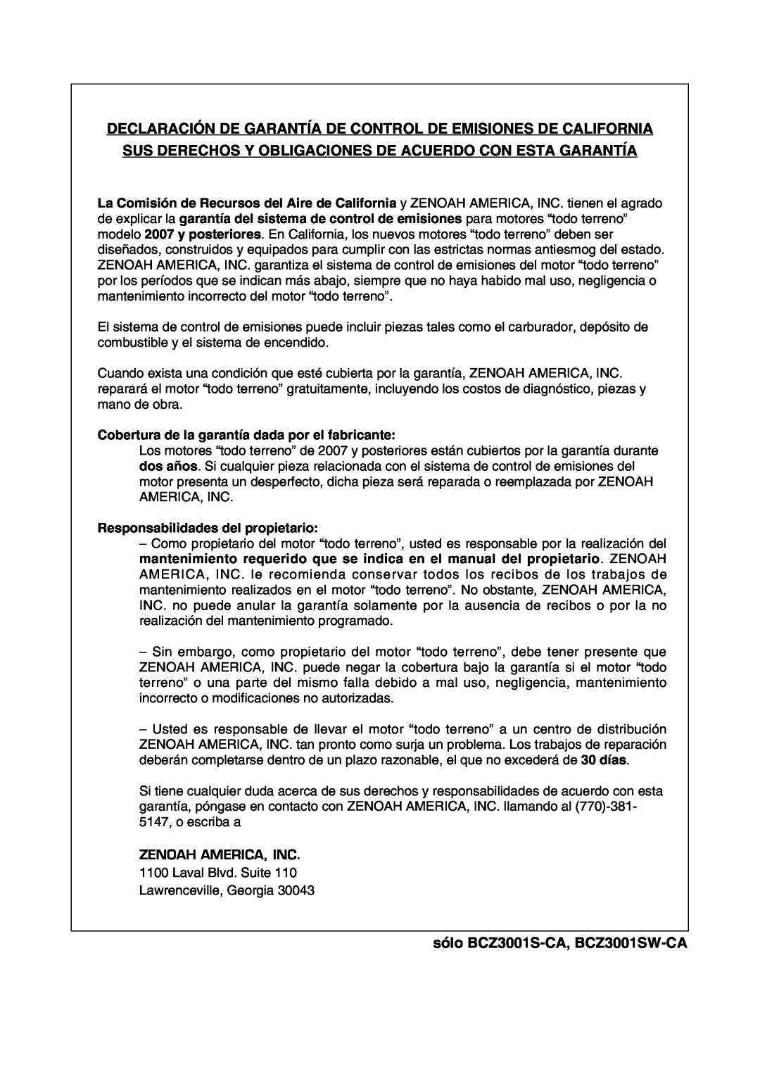 Zenoah manual Declaración De Garantía De Control De Emisiones De California, sólo BCZ3001S-CA, BCZ3001SW-CA 