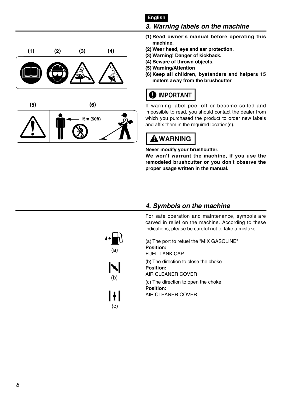 Zenoah BCZ3001S manual Warning labels on the machine, Symbols on the machine, 1 2 3, English 