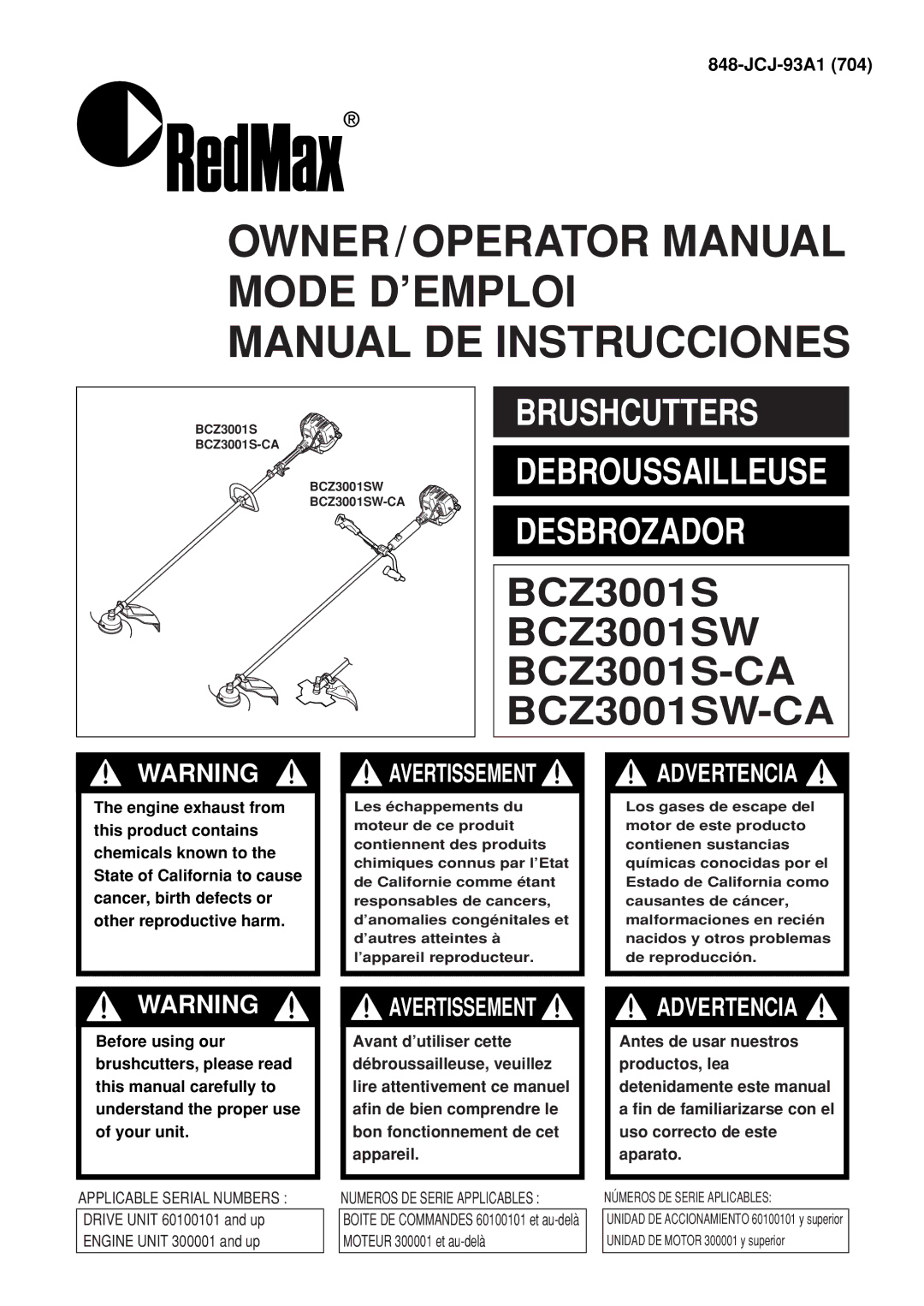 Zenoah BCZ3001S-CA, BCZ3001SW manual OWNER/OPERATOR Manual Mode D’EMPLOI Manual DE Instrucciones 