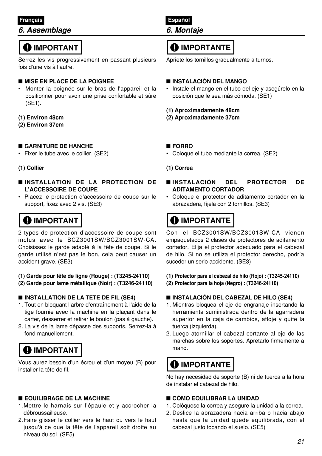 Zenoah BCZ3001S, BCZ3001SW, BCZ3001S-CA, BCZ3001SW-CA manual Assemblage Montaje 