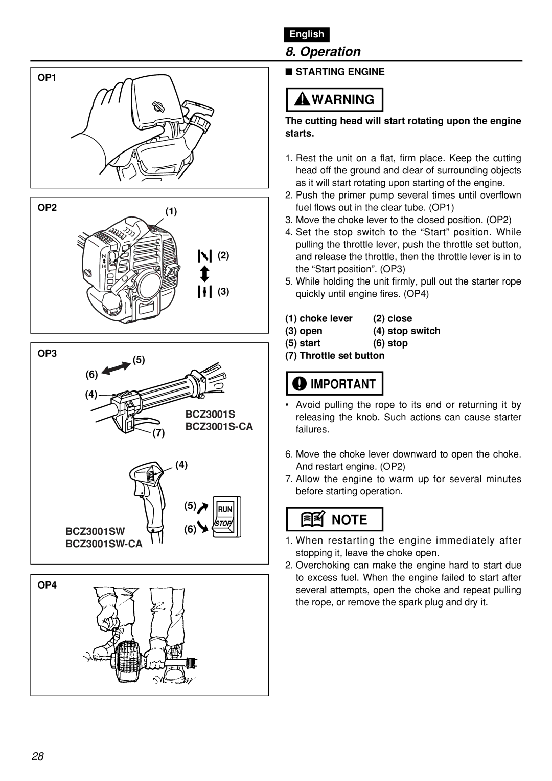 Zenoah BCZ3001S-CA Operation, OP1 OP2 Starting Engine, Cutting head will start rotating upon the engine starts, OP3, OP4 