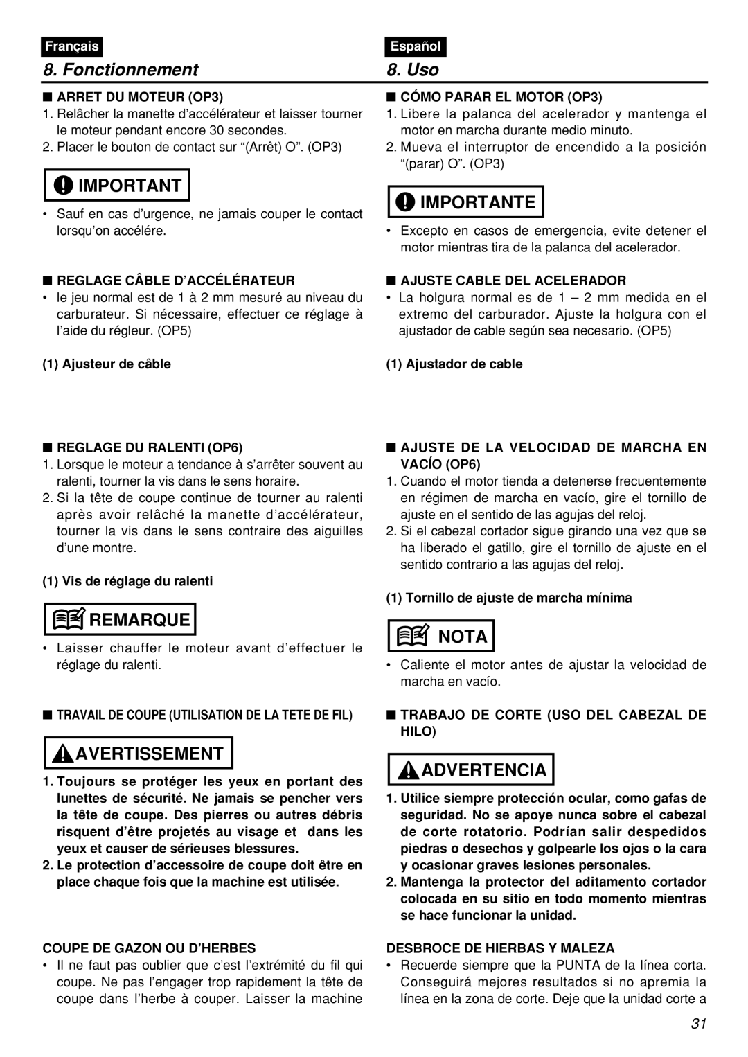 Zenoah BCZ3001S-CA, BCZ3001SW manual Reglage Câble D’ACCÉLÉRATEUR, Ajuste Cable DEL Acelerador, Reglage DU Ralenti OP6 