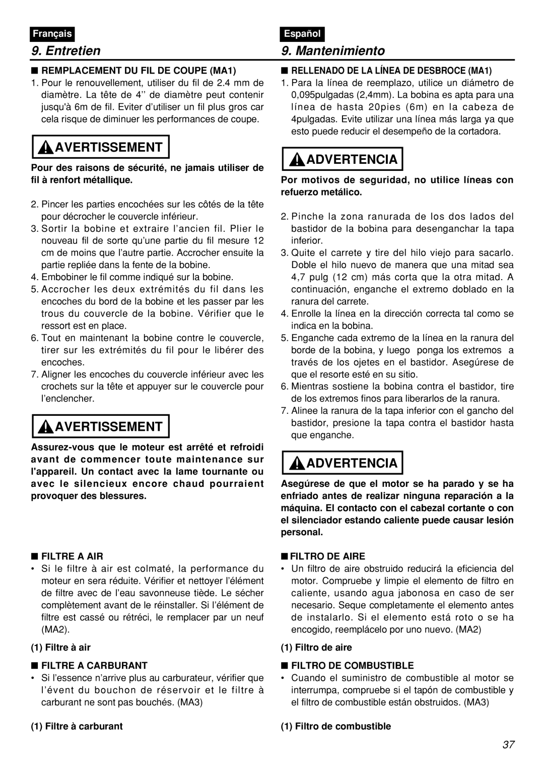 Zenoah BCZ3001S-CA manual Entretien Mantenimiento, Filtre a AIR, Filtre a Carburant, Filtro DE Aire, Filtro DE Combustible 