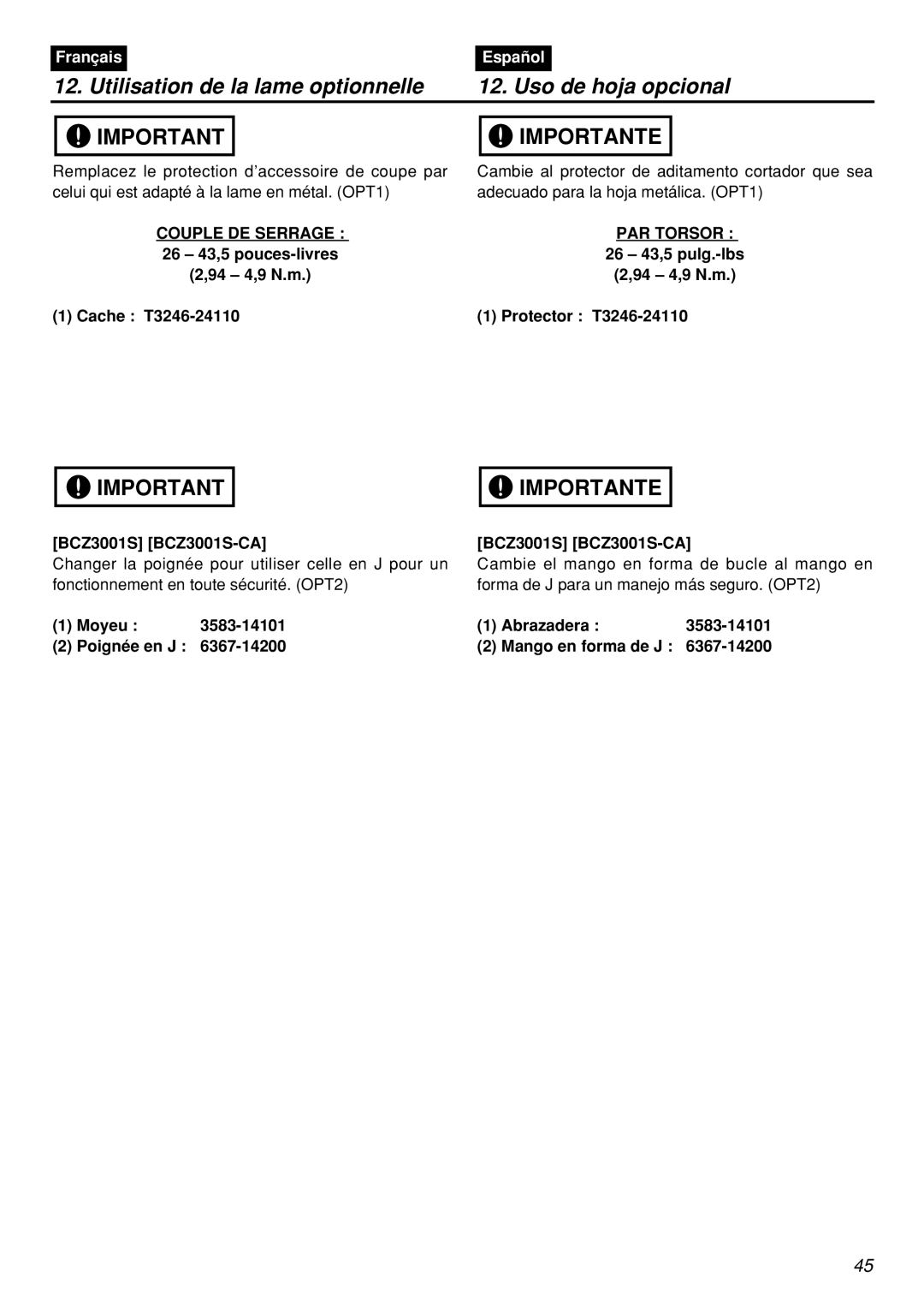 Zenoah BCZ3001SW Utilisation de la lame optionnelle Uso de hoja opcional, Couple DE Serrage PAR Torsor, 26 43,5 pulg.-lbs 