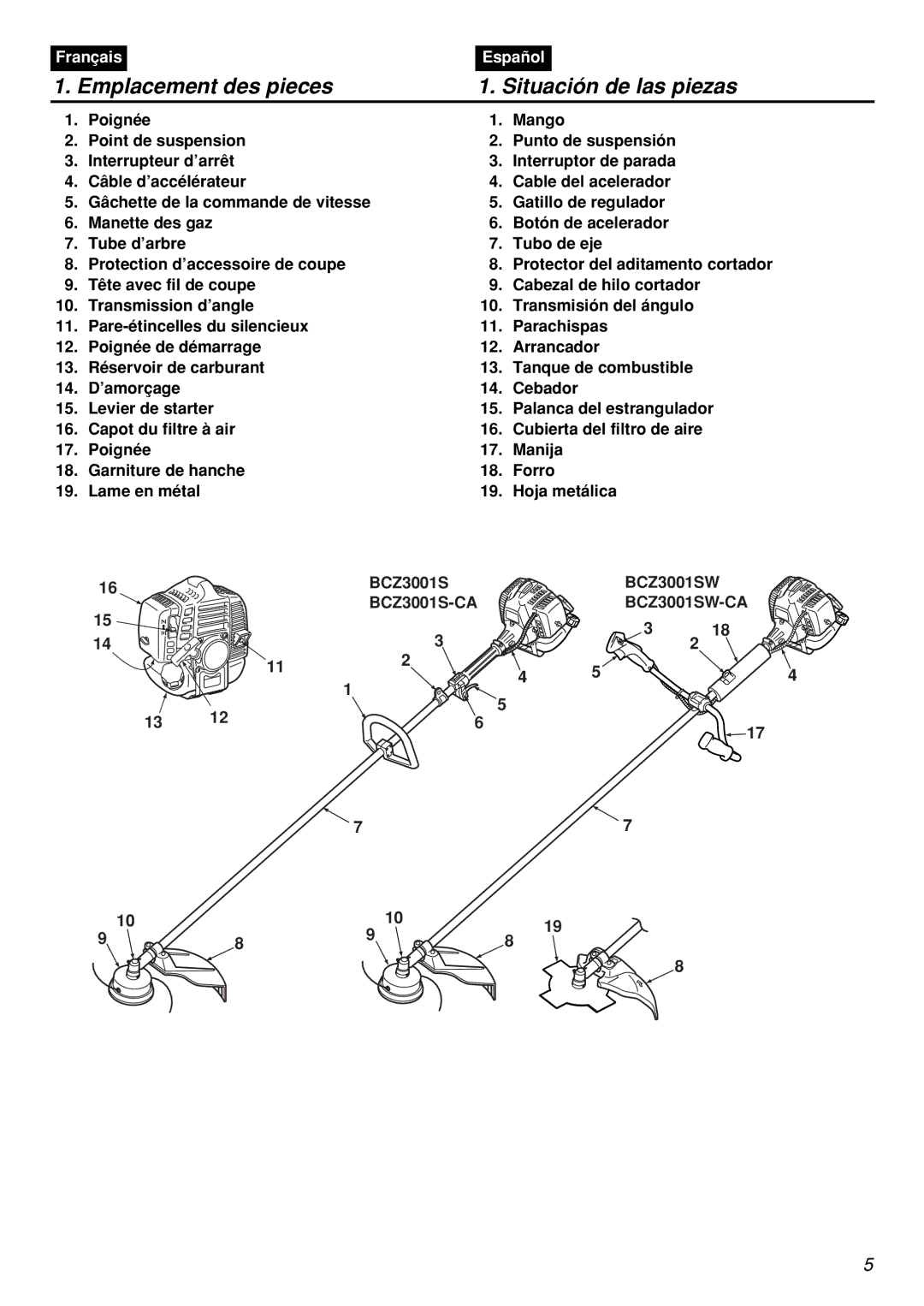 Zenoah BCZ3001S, BCZ3001SW, BCZ3001S-CA, BCZ3001SW-CA manual Emplacement des pieces Situación de las piezas 