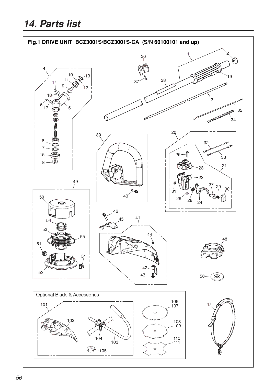 Zenoah BCZ3001S, BCZ3001SW, BCZ3001S-CA, BCZ3001SW-CA manual Drive Unit BCZ3001S/BCZ3001S-CA S/N 60100101 and up 