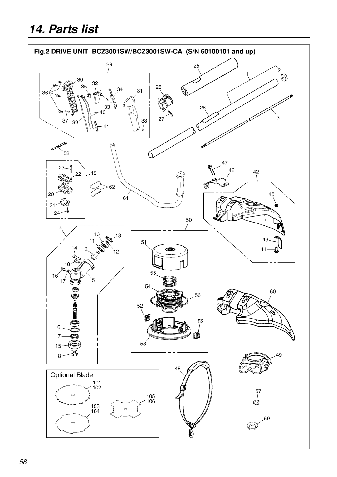 Zenoah BCZ3001S, BCZ3001SW, BCZ3001S-CA, BCZ3001SW-CA manual Drive Unit BCZ3001SW/BCZ3001SW-CA S/N 60100101 and up 