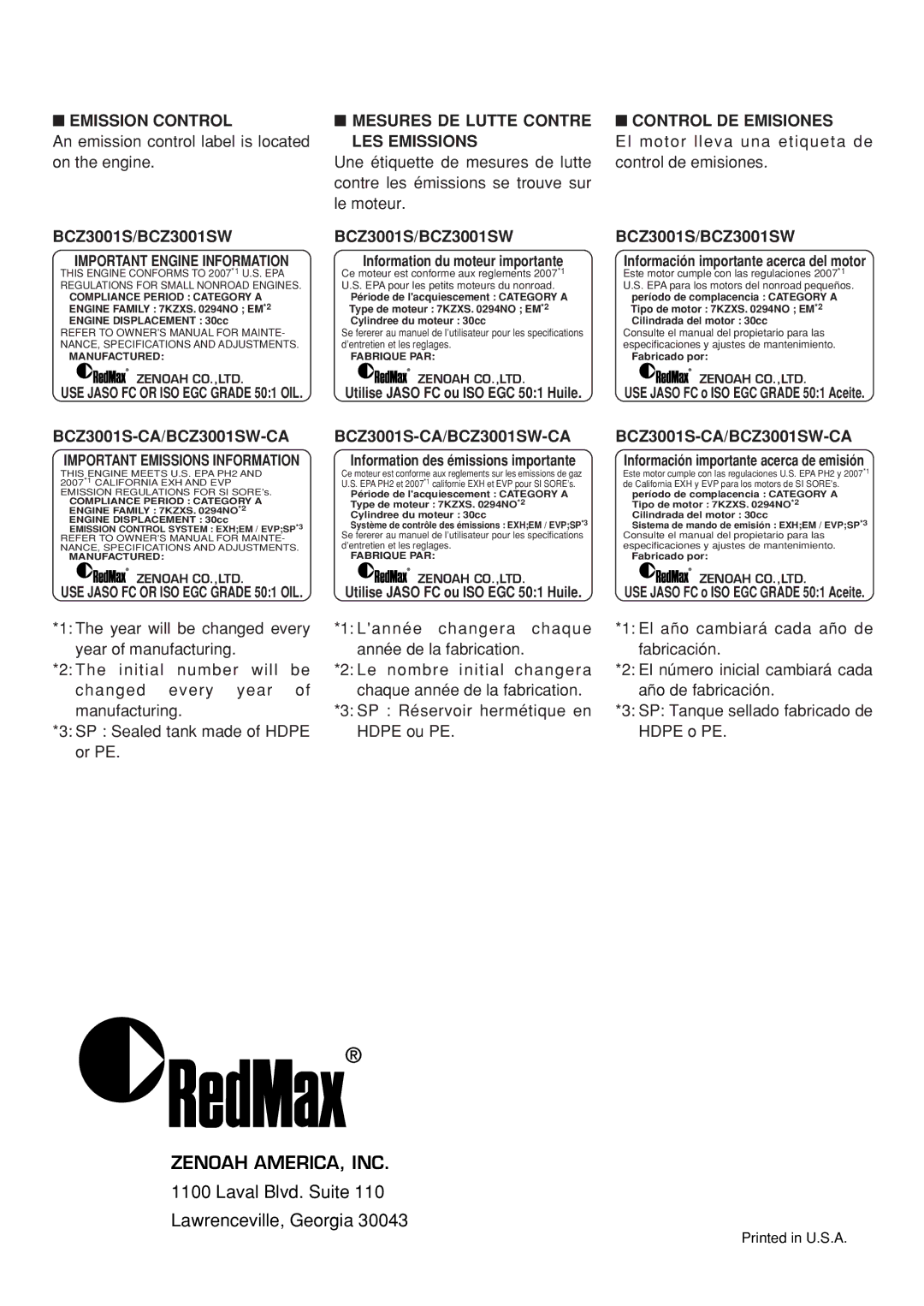 Zenoah BCZ3001S, BCZ3001SW, BCZ3001S-CA, BCZ3001SW-CA manual An emission control label is located, LES Emissions 