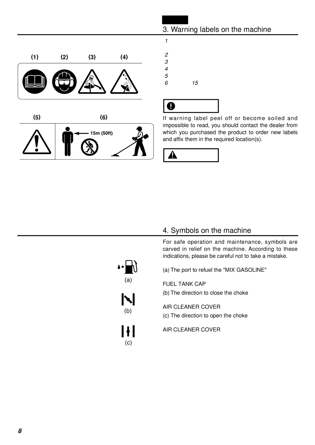 Zenoah BCZ3001S, BCZ3001SW, BCZ3001S-CA, BCZ3001SW-CA manual Symbols on the machine, Position 