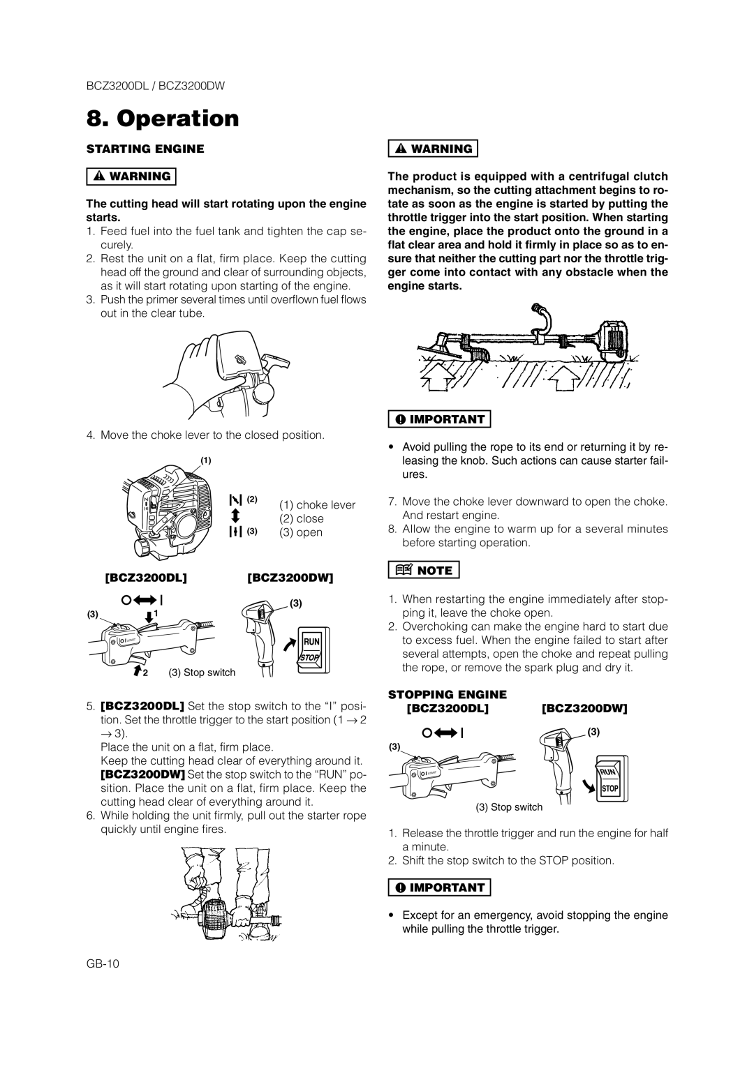 Zenoah BCZ3200DL owner manual Operation, Starting Engine, Stopping Engine 