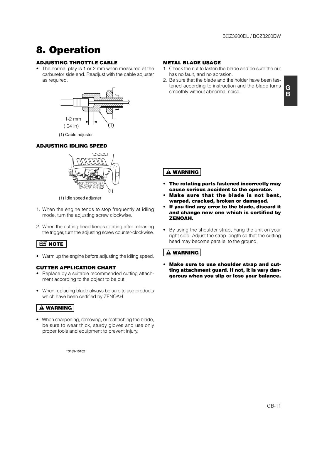 Zenoah BCZ3200DL Adjusting Throttle Cable, Adjusting Idling Speed, Cutter Application Chart, Metal Blade Usage, Zenoah 