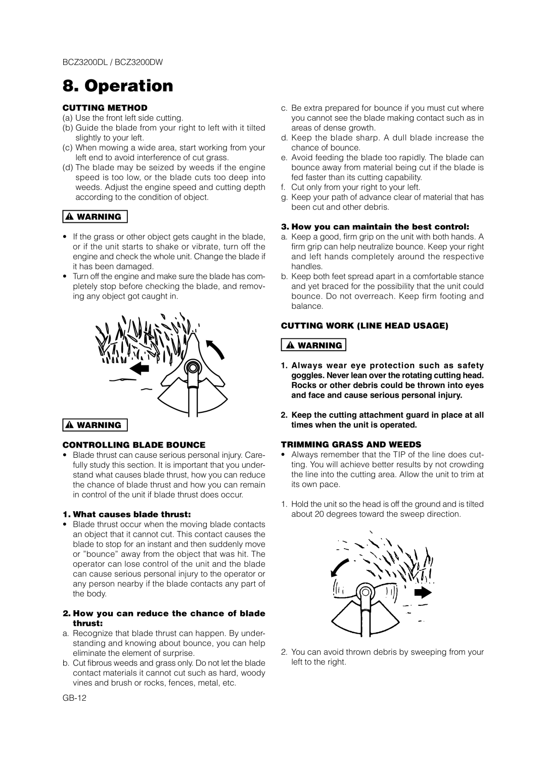 Zenoah BCZ3200DL Cutting Method, Controlling Blade Bounce, Cutting Work Line Head Usage, Trimming Grass and Weeds 