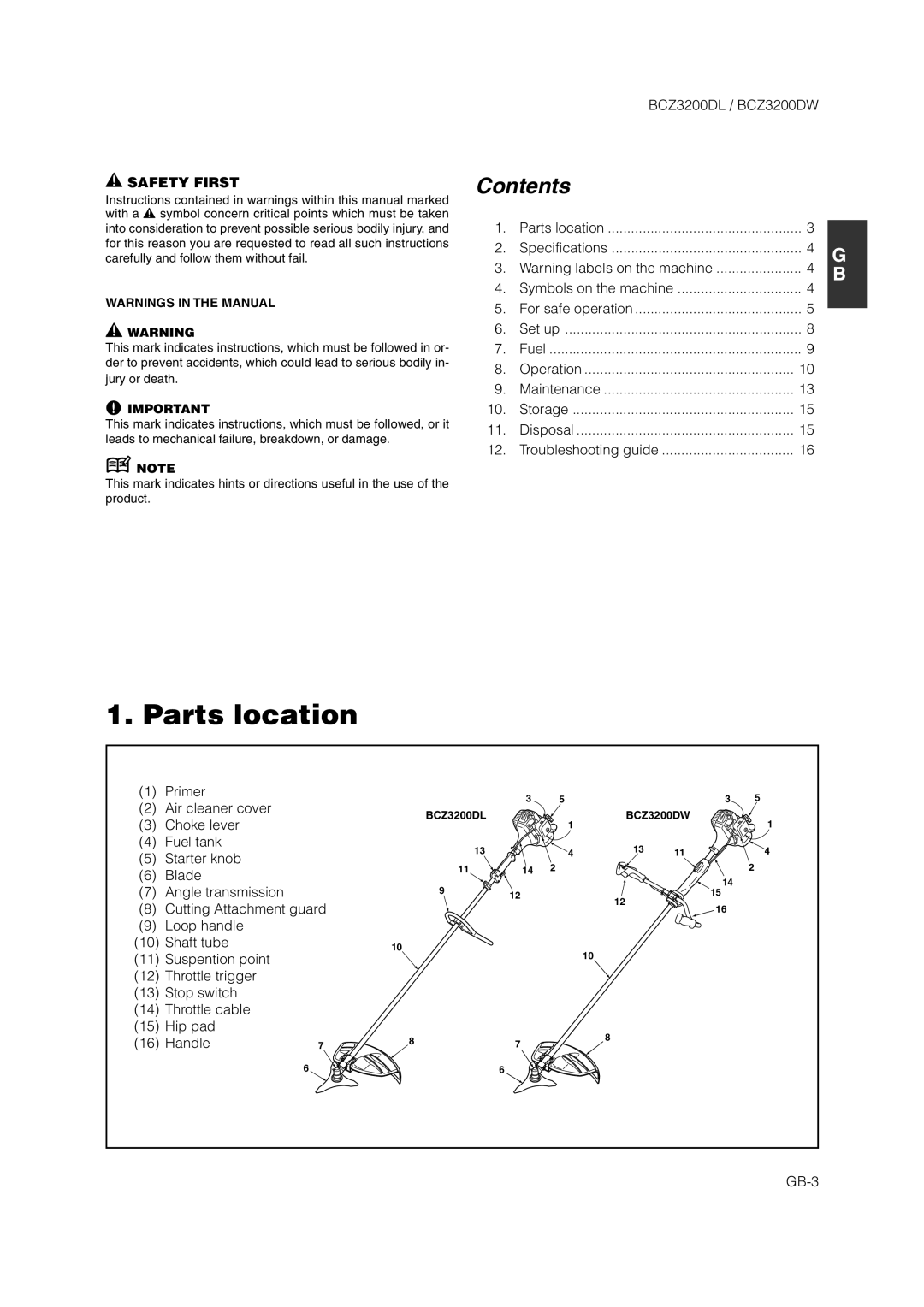 Zenoah BCZ3200DL owner manual Parts location, Contents 