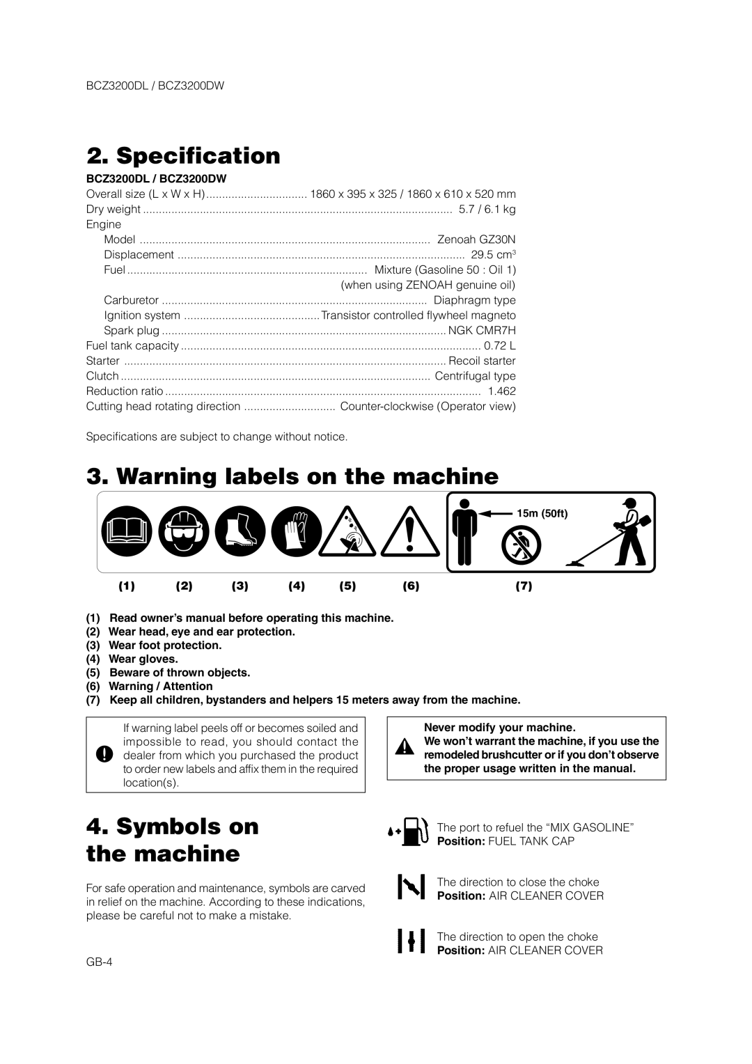 Zenoah owner manual Specification, Symbols on the machine, BCZ3200DL / BCZ3200DW, Never modify your machine 