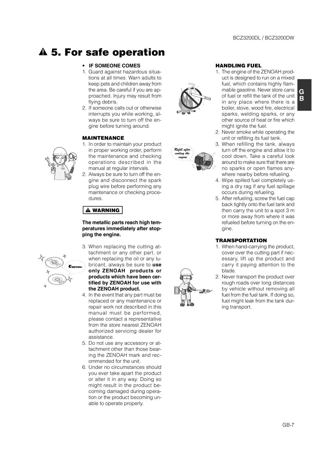 Zenoah BCZ3200DL owner manual If Someone Comes, Maintenance, Handling Fuel, Transportation 