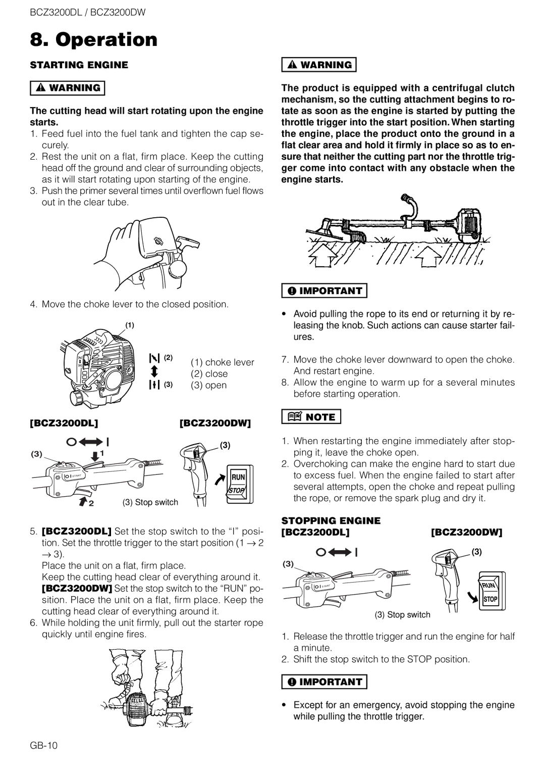 Zenoah BCZ3200DW owner manual Operation, Starting Engine, Stopping Engine 