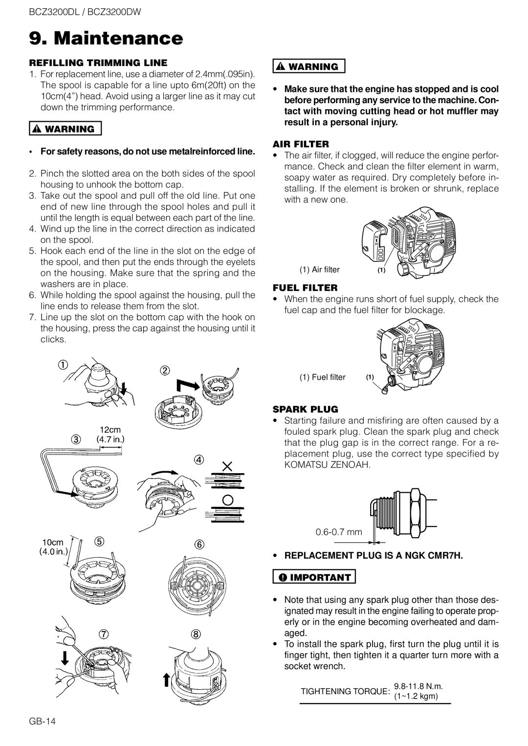 Zenoah BCZ3200DW owner manual Refilling Trimming Line, AIR Filter, Fuel Filter, Spark Plug, Replacement Plug is a NGK CMR7H 