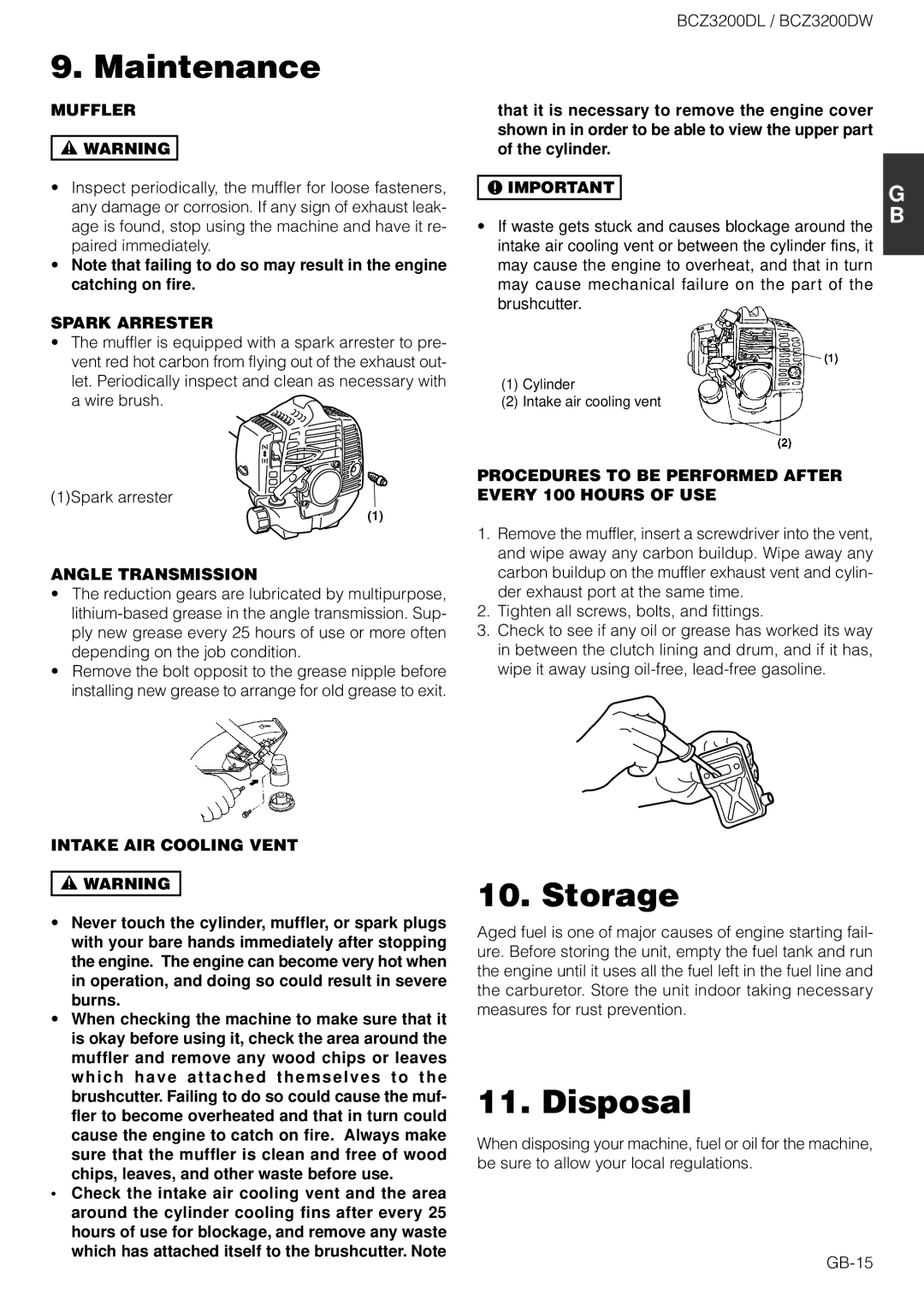 Zenoah BCZ3200DW owner manual Storage, Disposal 