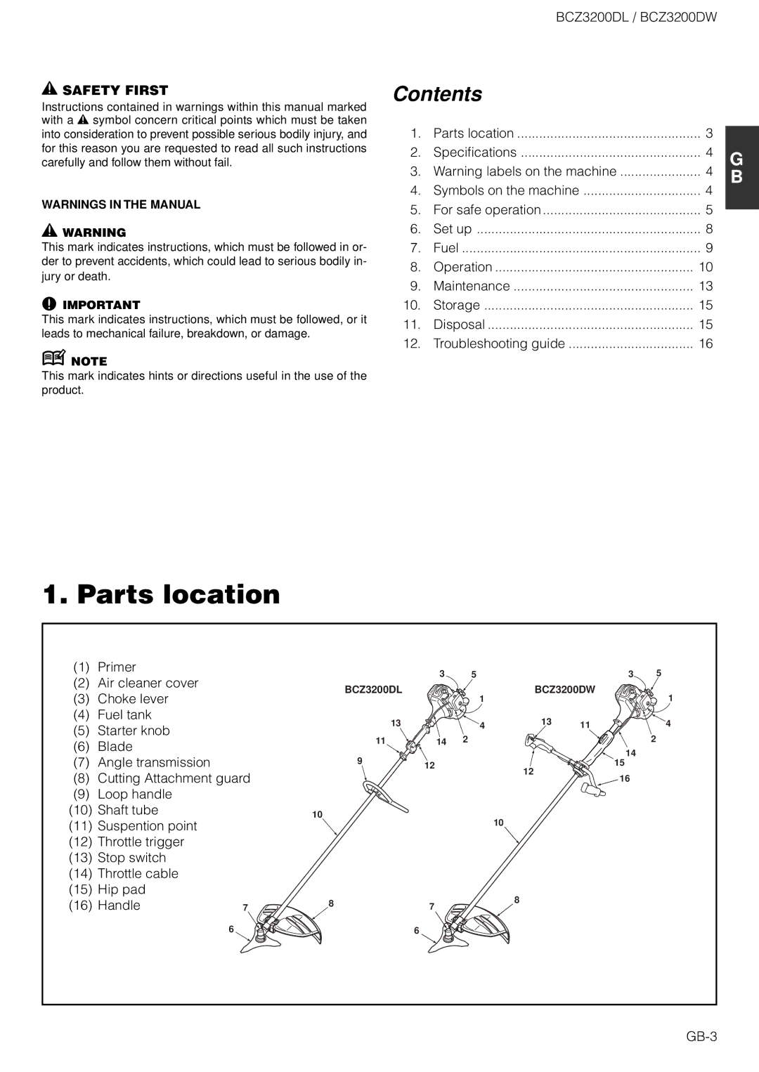 Zenoah BCZ3200DW owner manual Parts location, Contents 