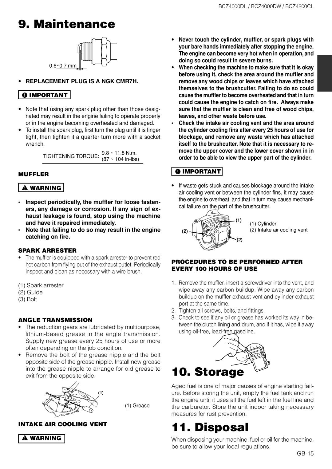 Zenoah BCZ4000DL owner manual Storage, Disposal 