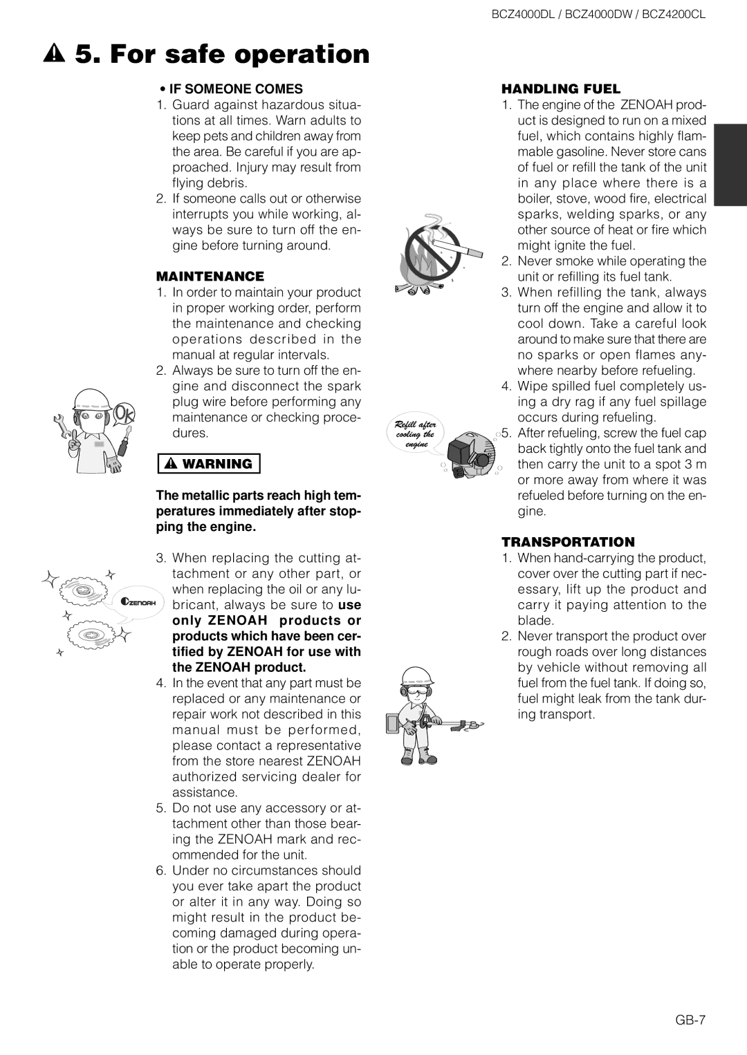 Zenoah BCZ4000DL owner manual If Someone Comes, Maintenance, Handling Fuel, Transportation 