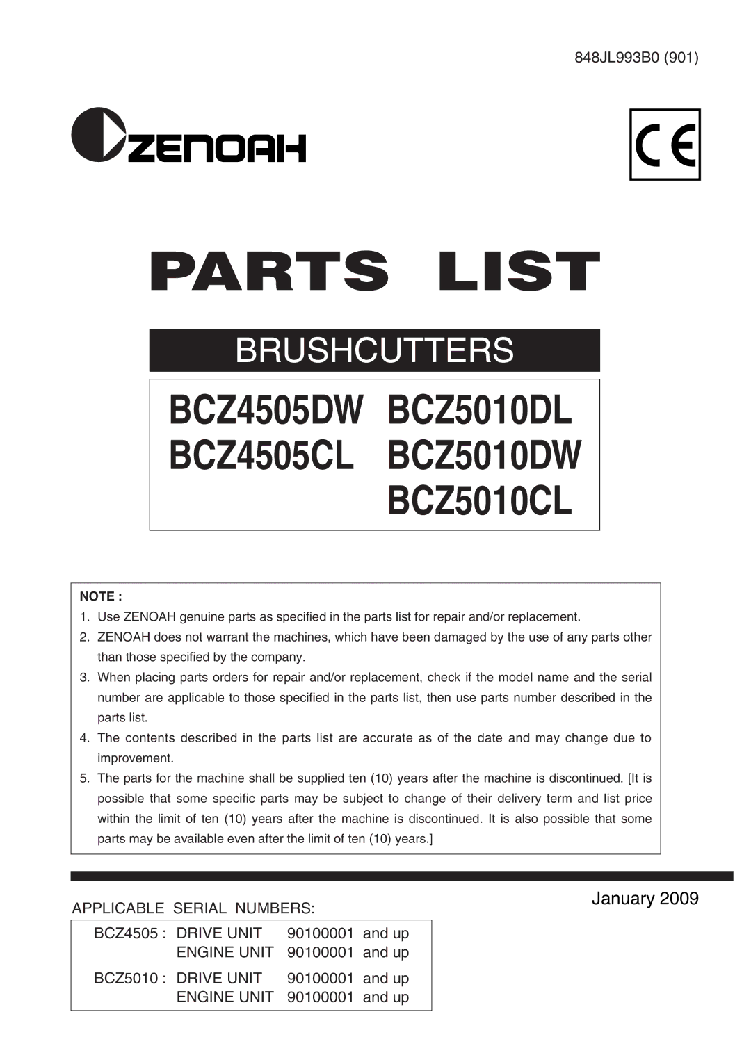 Zenoah BCZ5010DW, BCZ4505DW, BCZ4505CL, BCZ5010CL, BCZ5010DL manual Parts List 