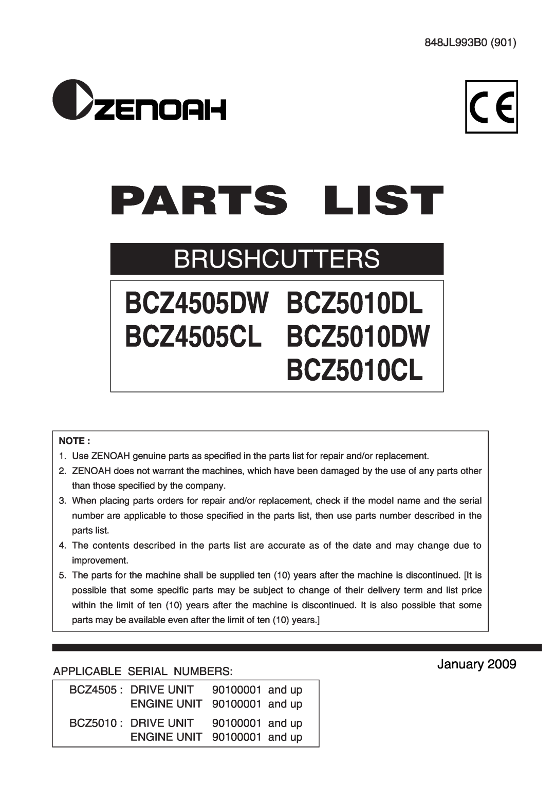 Zenoah manual Parts List, BCZ4505DW BCZ5010DL BCZ4505CL BCZ5010DW BCZ5010CL, Brushcutters, January 
