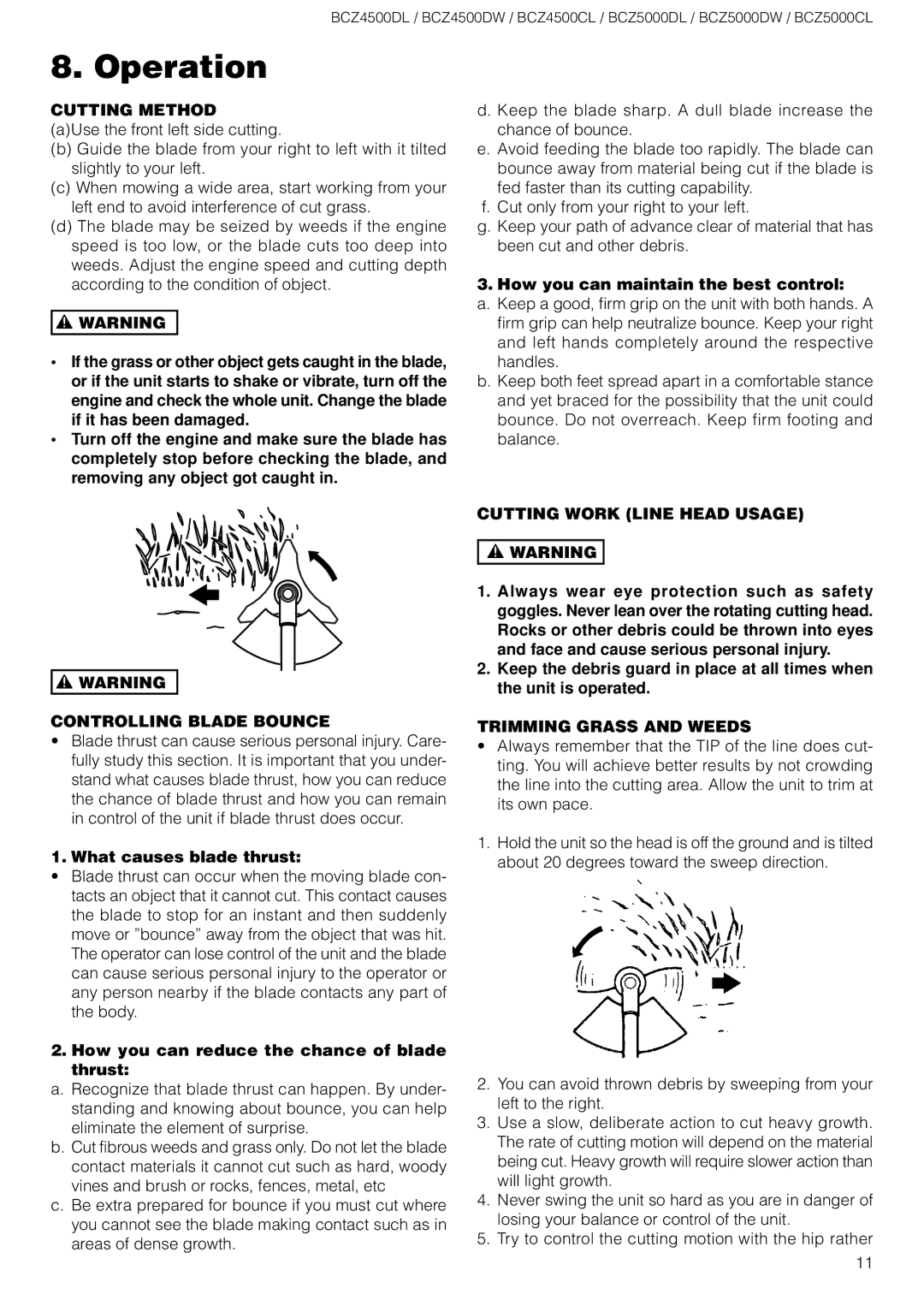 Zenoah BCZ4500DL, BCZ4500DW, BCZ5000DL, BCZ5000DW, BCZ4500, BCZ5000CL owner manual Cutting Method, Controlling Blade Bounce 